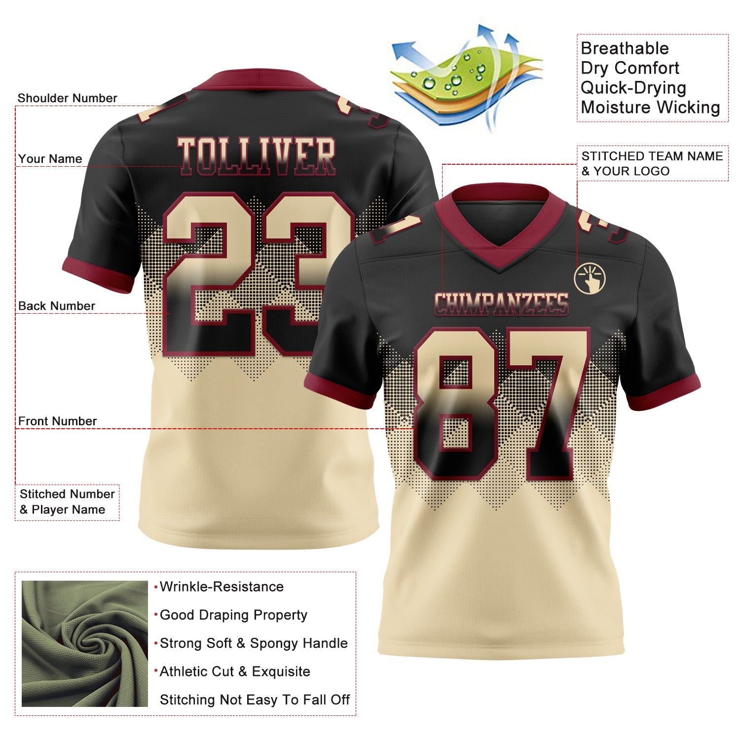 Custom Black Cream-Crimson Authentic Gradient Square Shape Flag Football Jersey