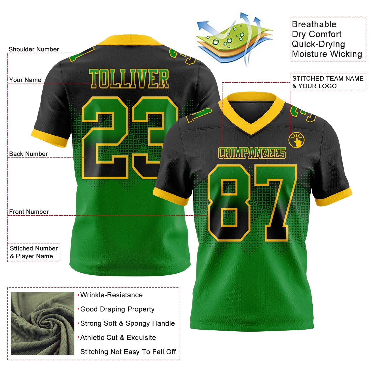 Custom Black Grass Green-Yellow Authentic Gradient Square Shape Flag Football Jersey