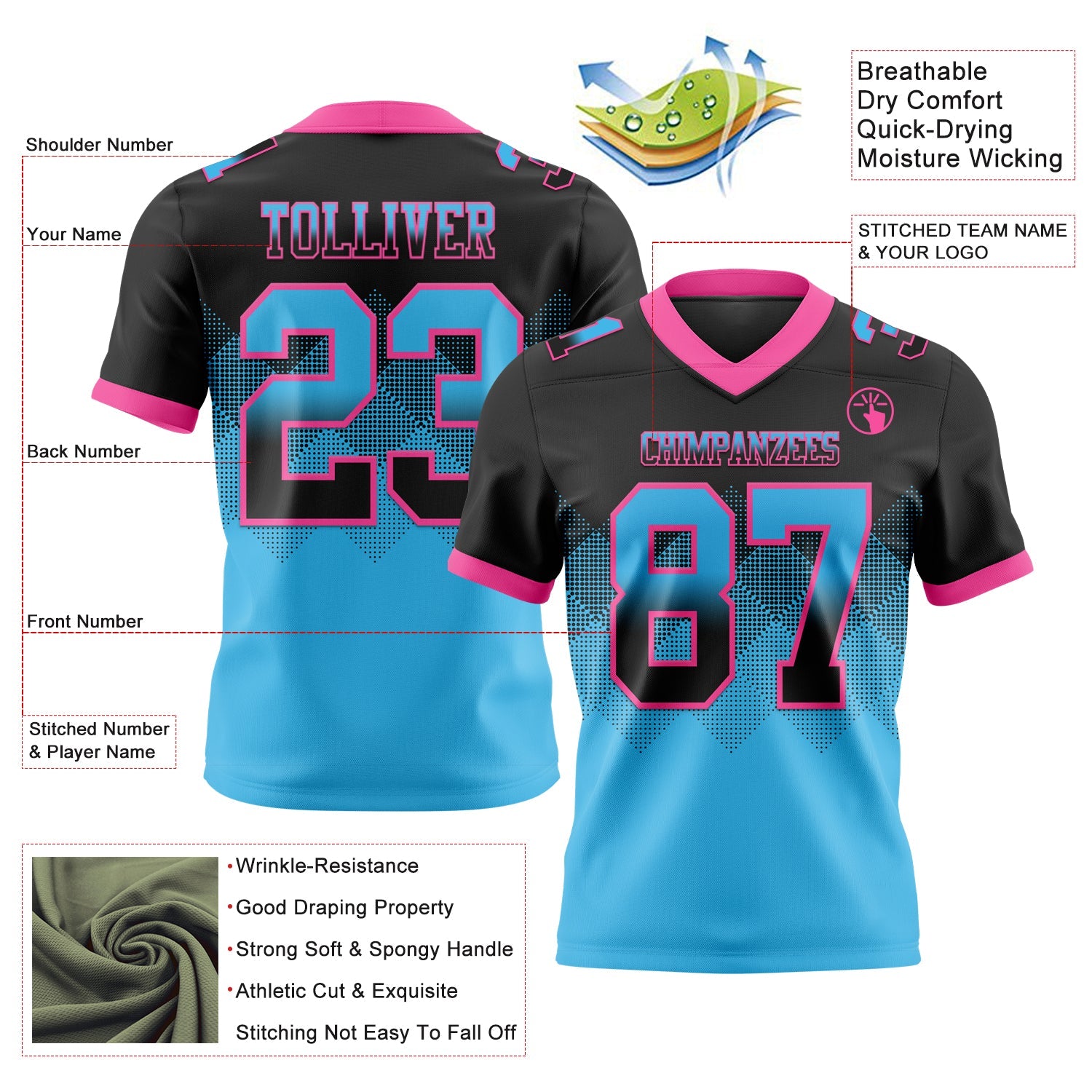 Custom Black Sky Blue-Pink Authentic Gradient Square Shape Flag Football Jersey