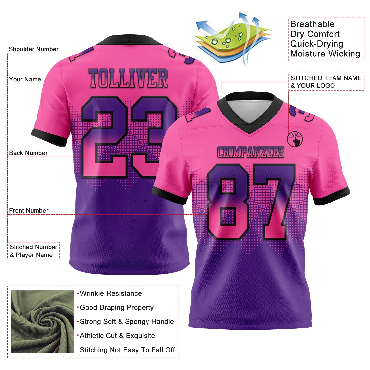 Custom Pink Purple-Black Authentic Gradient Square Shape Flag Football Jersey