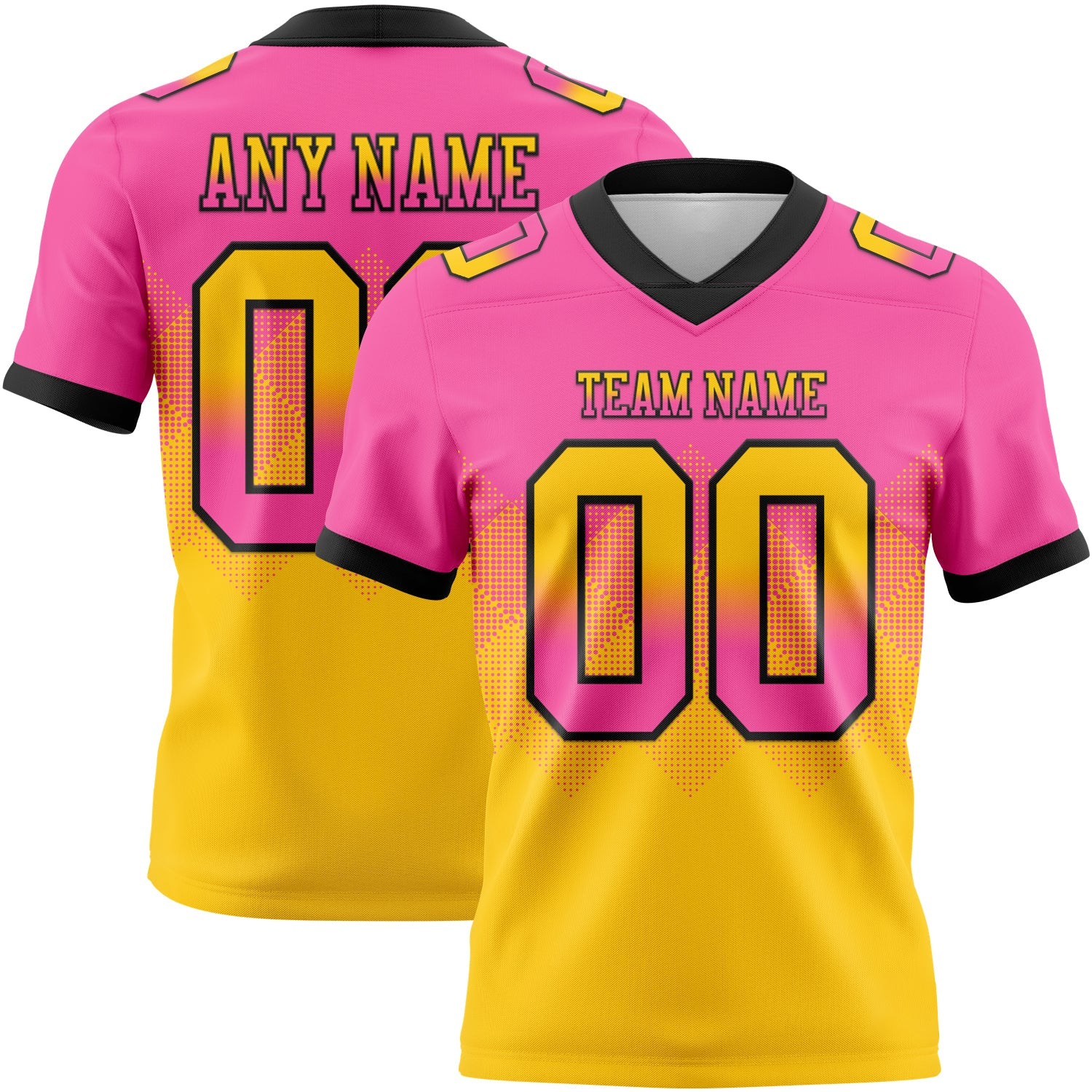 Custom Pink Yellow-Black Authentic Gradient Square Shape Flag Football Jersey