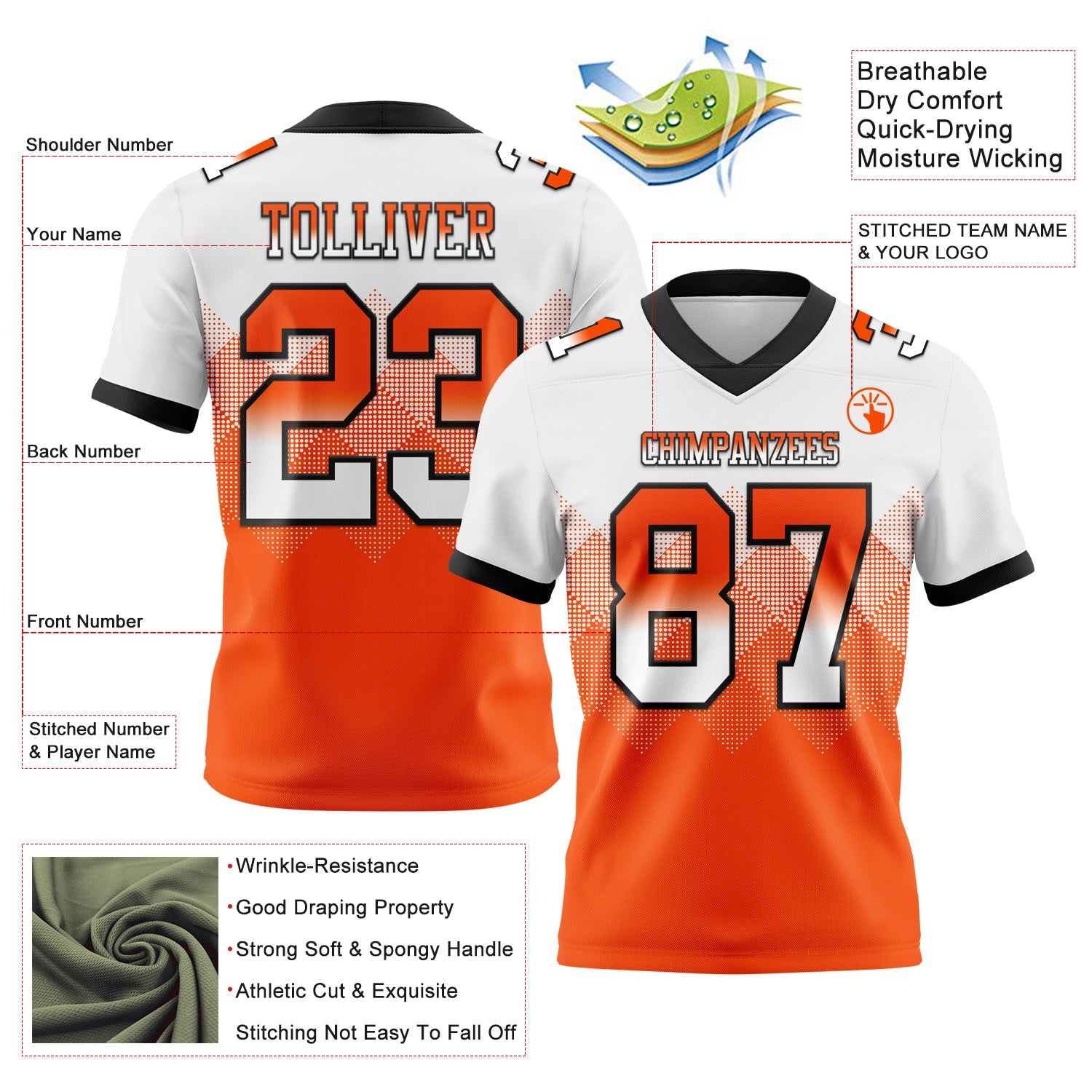 Custom White Orange-Black Authentic Gradient Square Shape Flag Football Jersey
