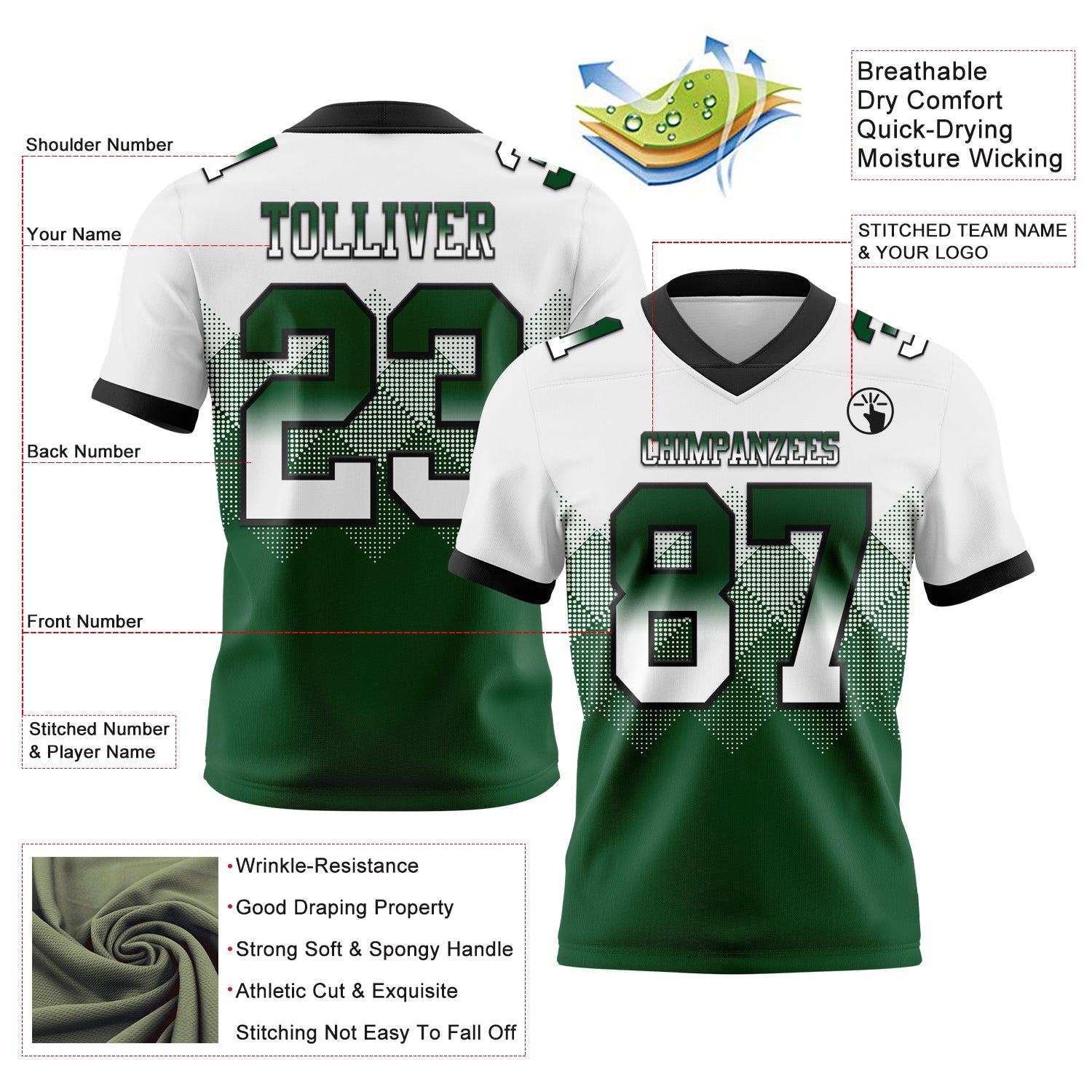 Custom White Green-Black Authentic Gradient Square Shape Flag Football Jersey