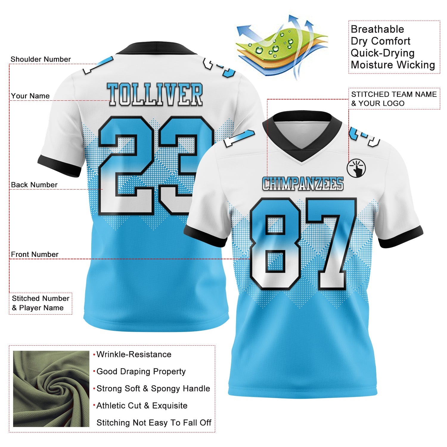 Custom White Sky Blue-Black Authentic Gradient Square Shape Flag Football Jersey