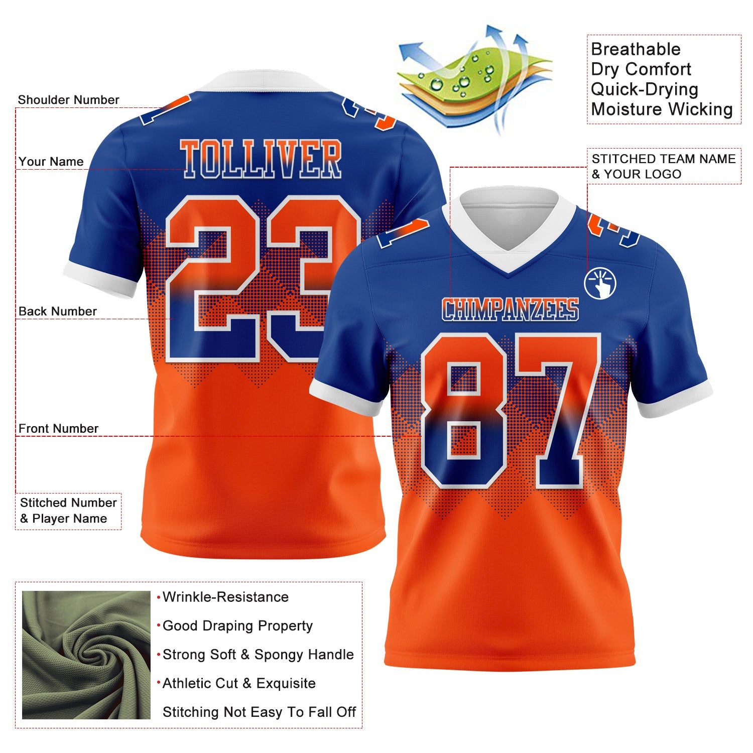 Custom Royal Orange-White Authentic Gradient Square Shape Flag Football Jersey
