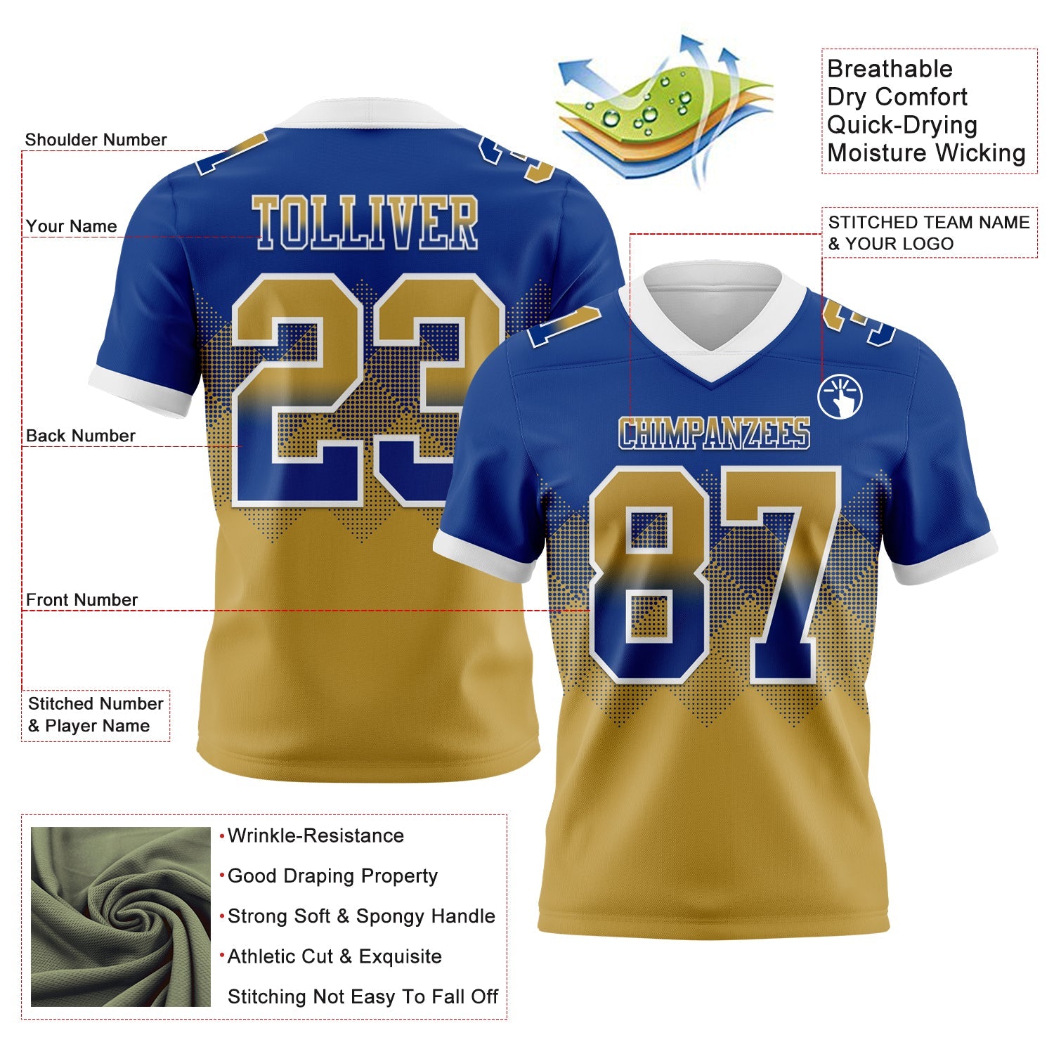 Custom Royal Old Gold-White Authentic Gradient Square Shape Flag Football Jersey