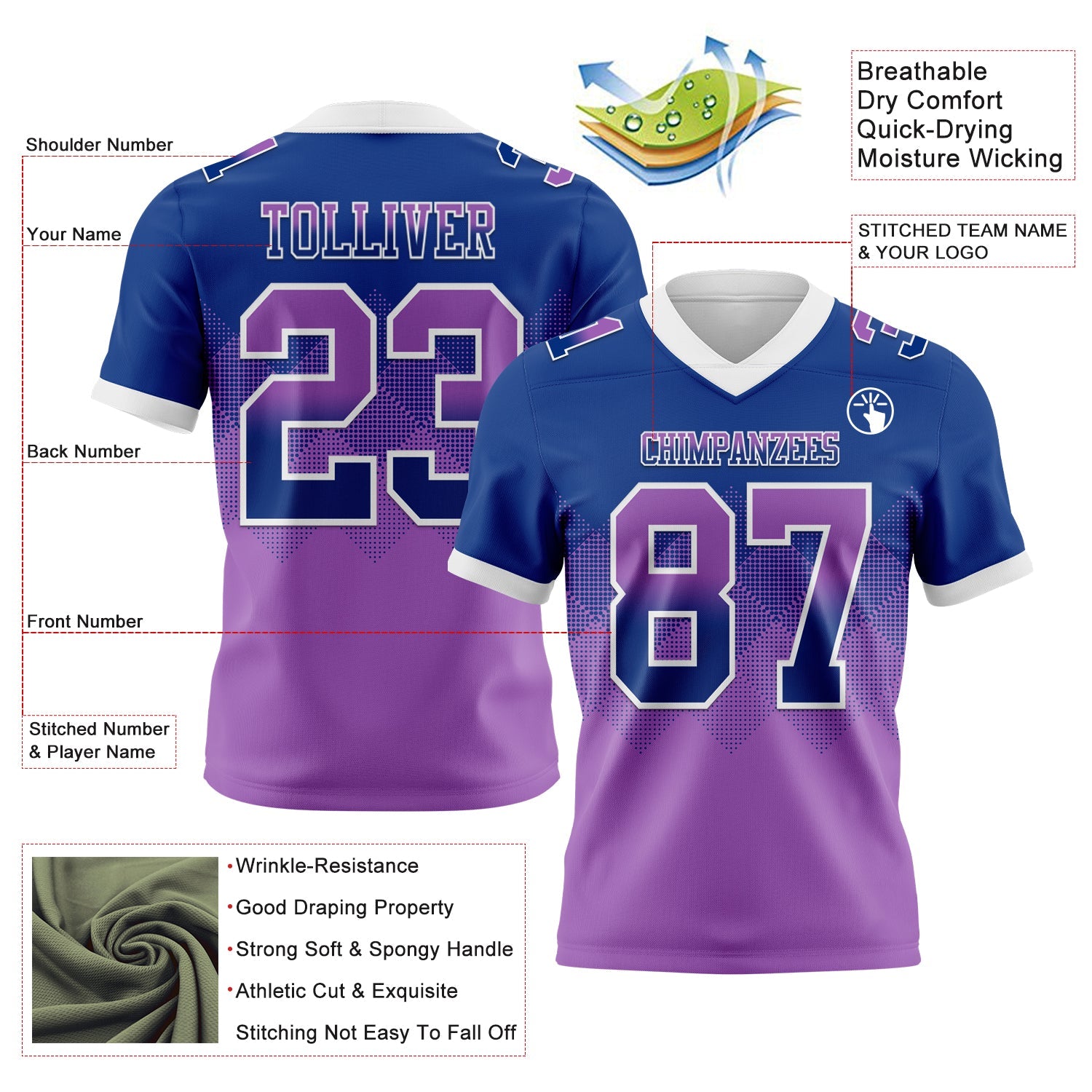 Custom Royal Medium Purple-White Authentic Gradient Square Shape Flag Football Jersey