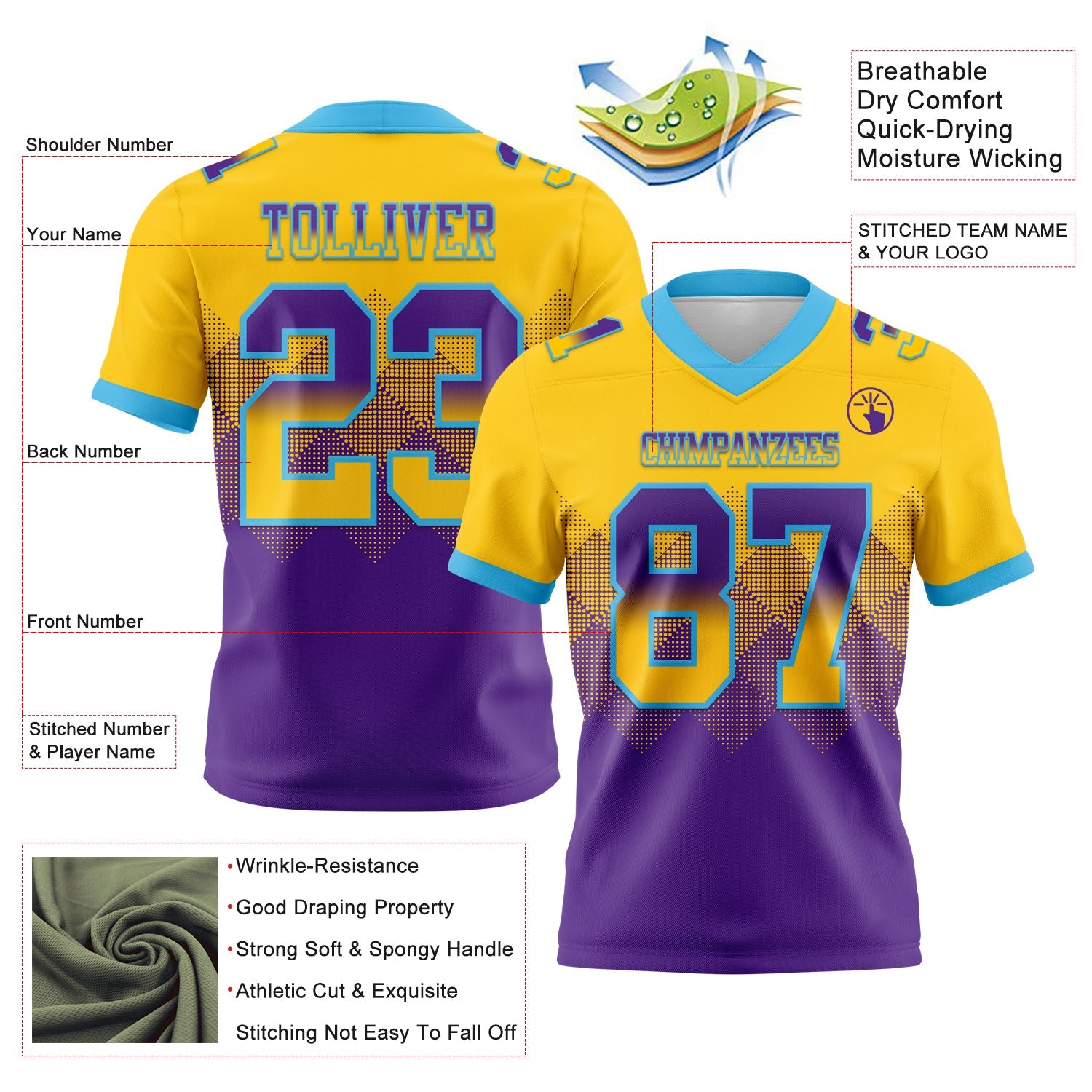 Custom Yellow Purple-Sky Blue Authentic Gradient Square Shape Flag Football Jersey