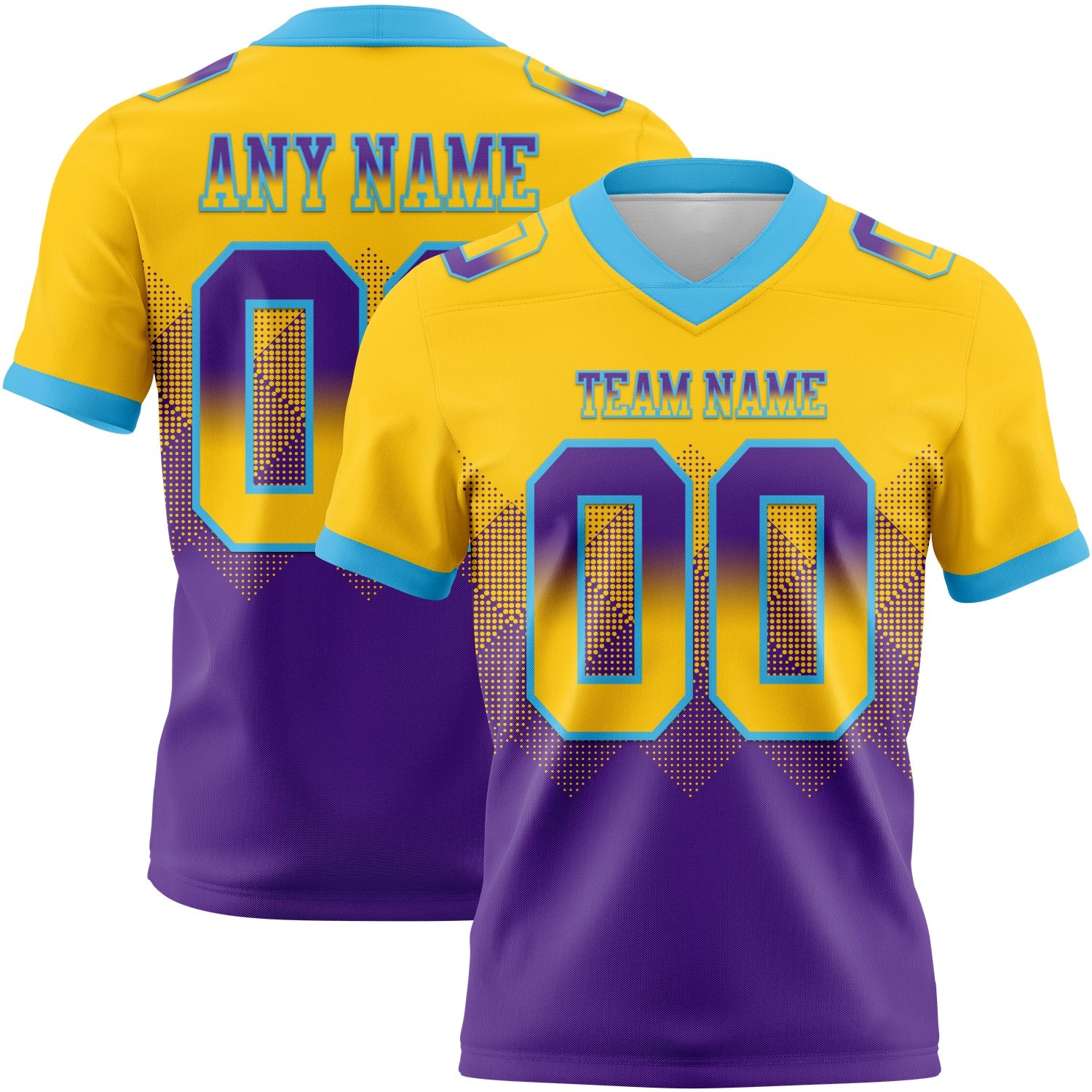 Custom Yellow Purple-Sky Blue Authentic Gradient Square Shape Flag Football Jersey