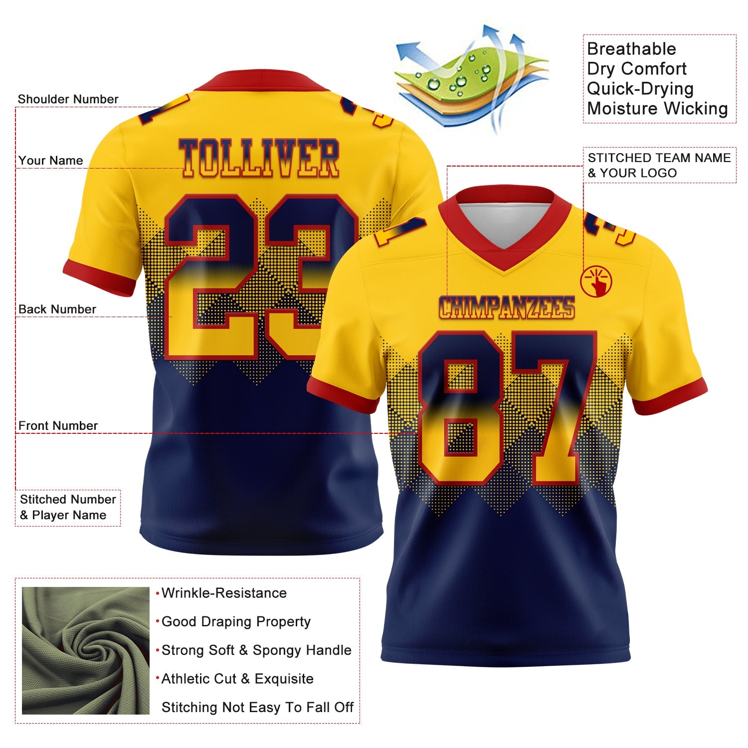 Custom Yellow Navy-Red Authentic Gradient Square Shape Flag Football Jersey