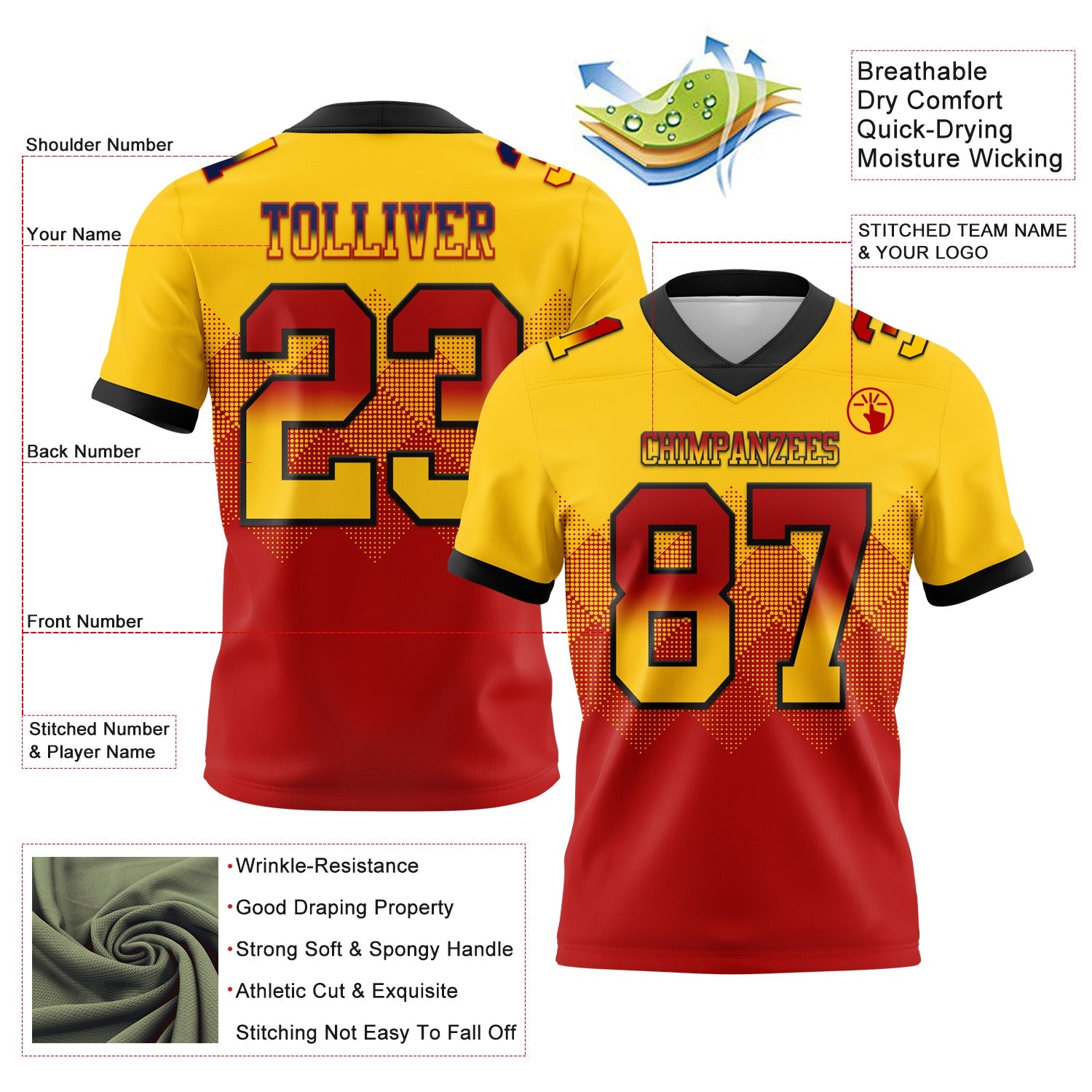 Custom Yellow Red-Black Authentic Gradient Square Shape Flag Football Jersey