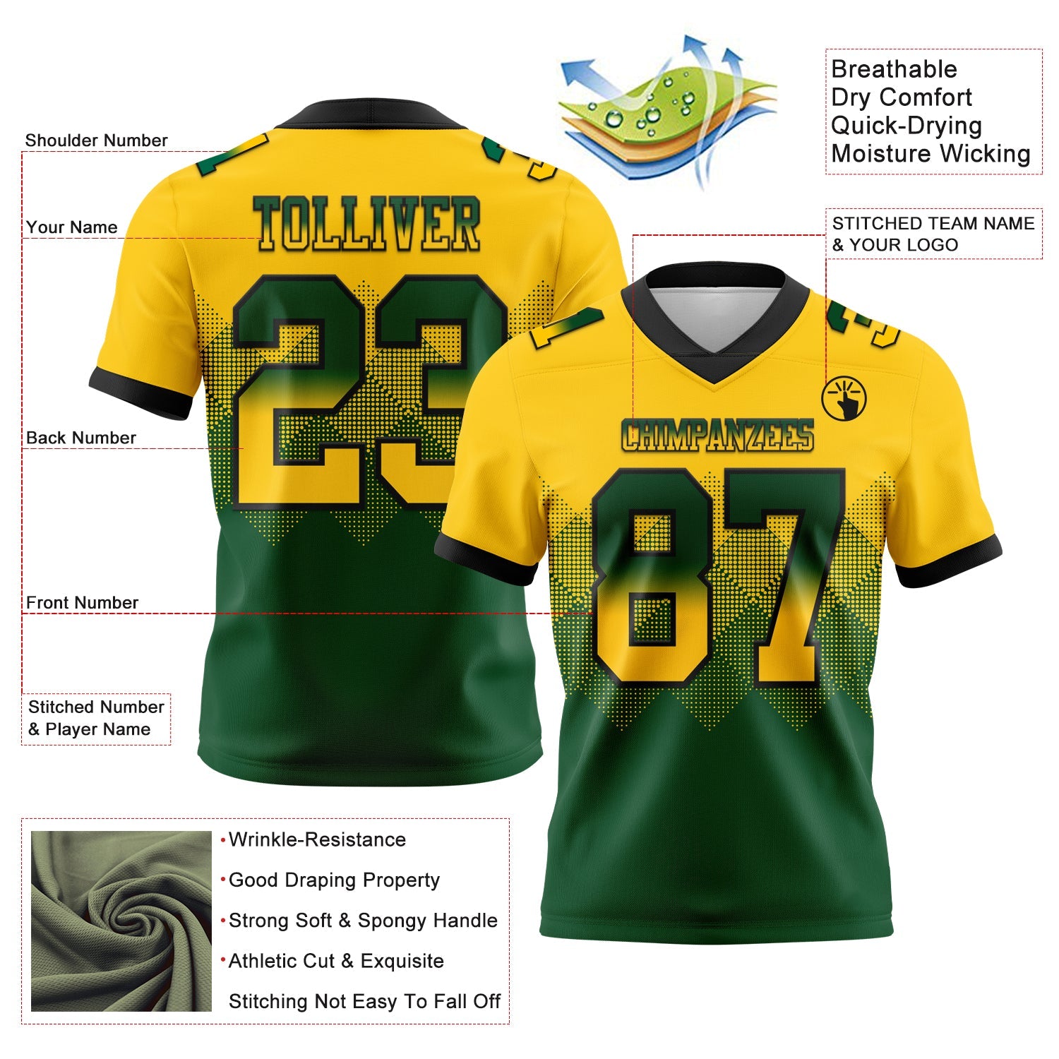 Custom Yellow Green-Black Authentic Gradient Square Shape Flag Football Jersey