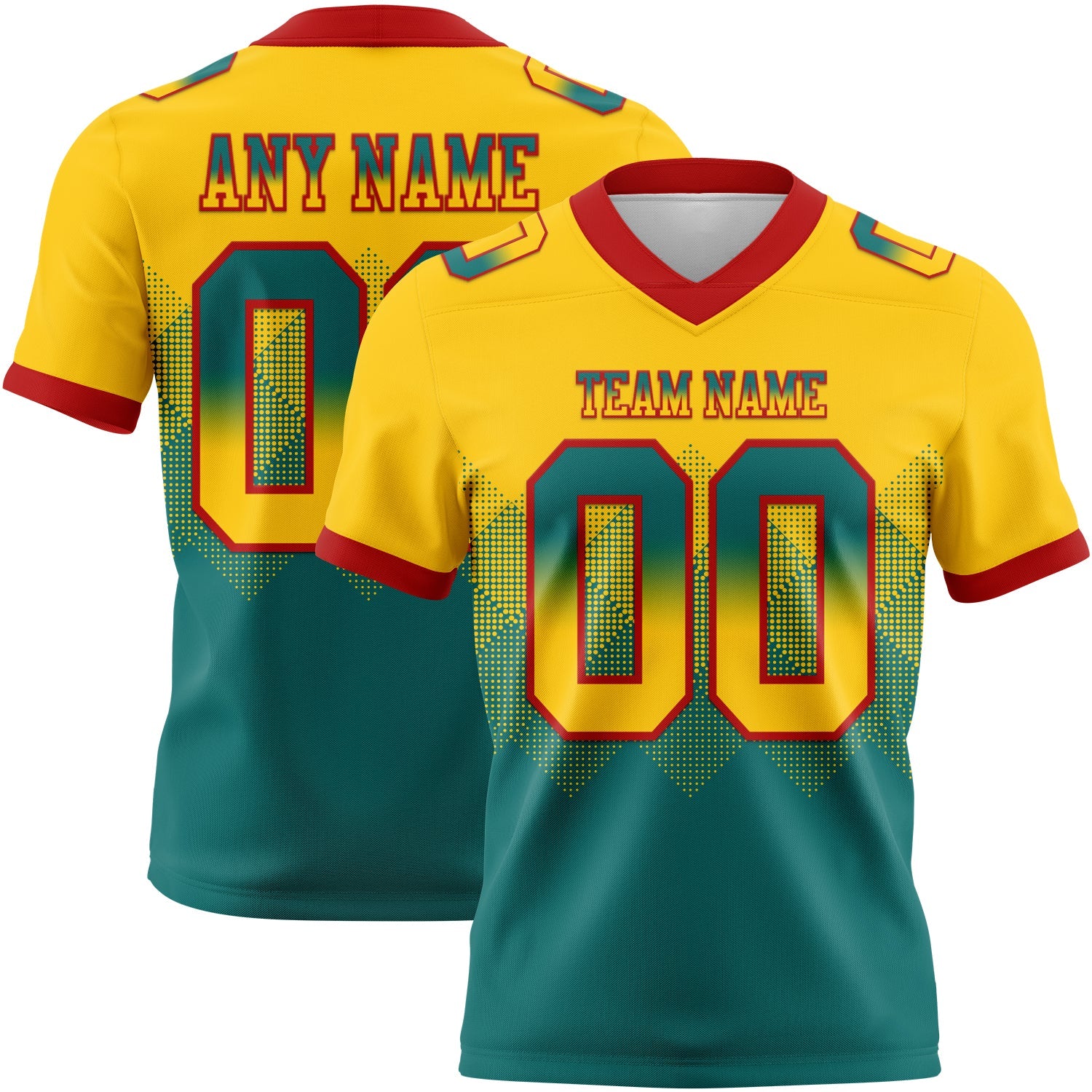 Custom Yellow Teal-Red Authentic Gradient Square Shape Flag Football Jersey