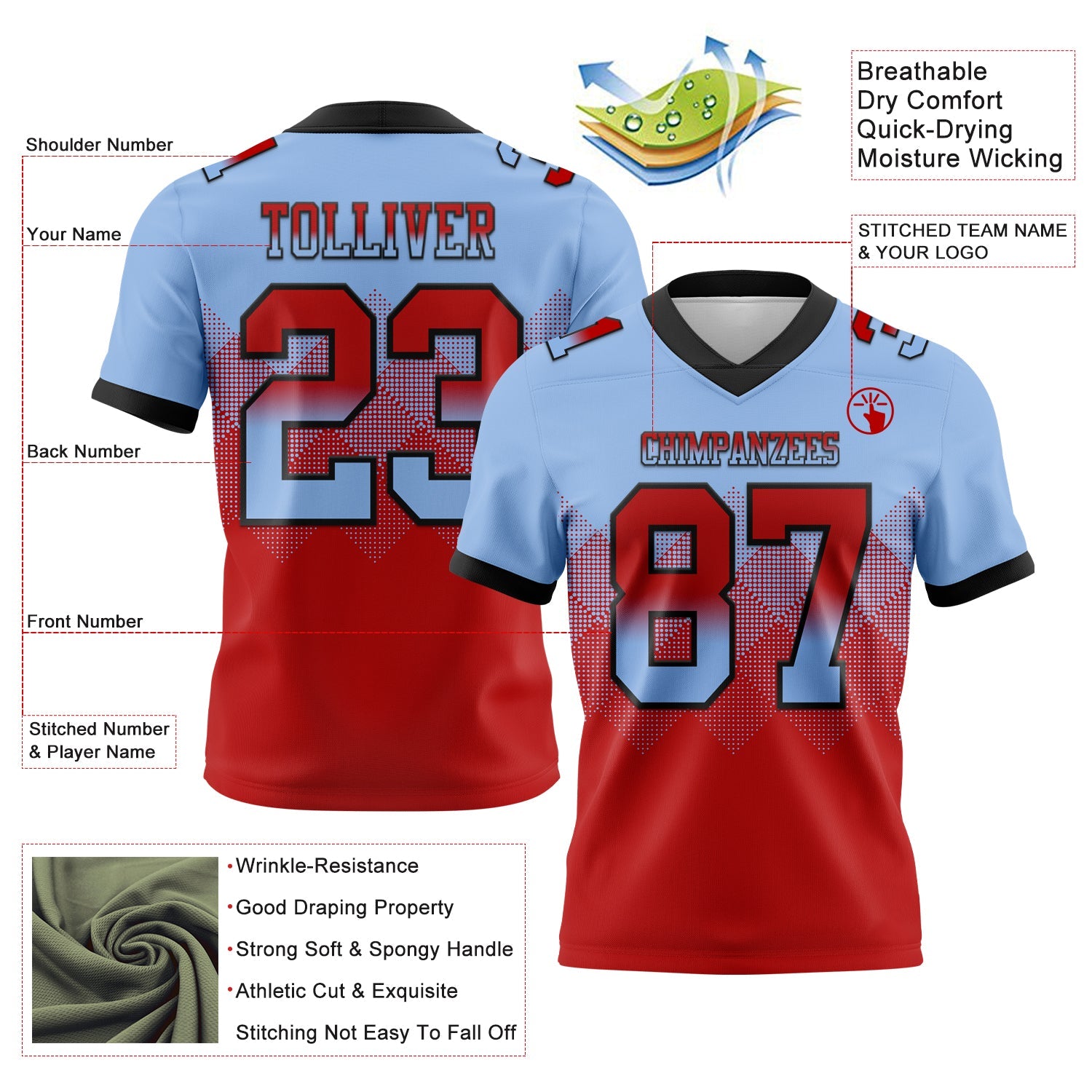 Custom Light Blue Red-Black Authentic Gradient Square Shape Flag Football Jersey
