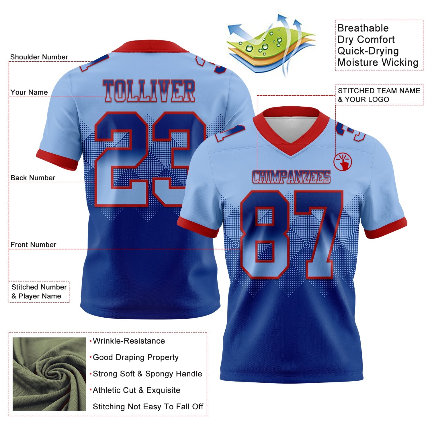 Custom Light Blue Royal-Red Authentic Gradient Square Shape Flag Football Jersey
