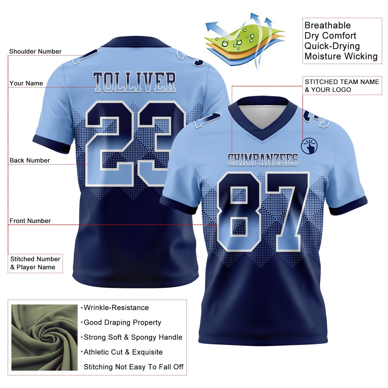 Custom Light Blue Navy-White Authentic Gradient Square Shape Flag Football Jersey
