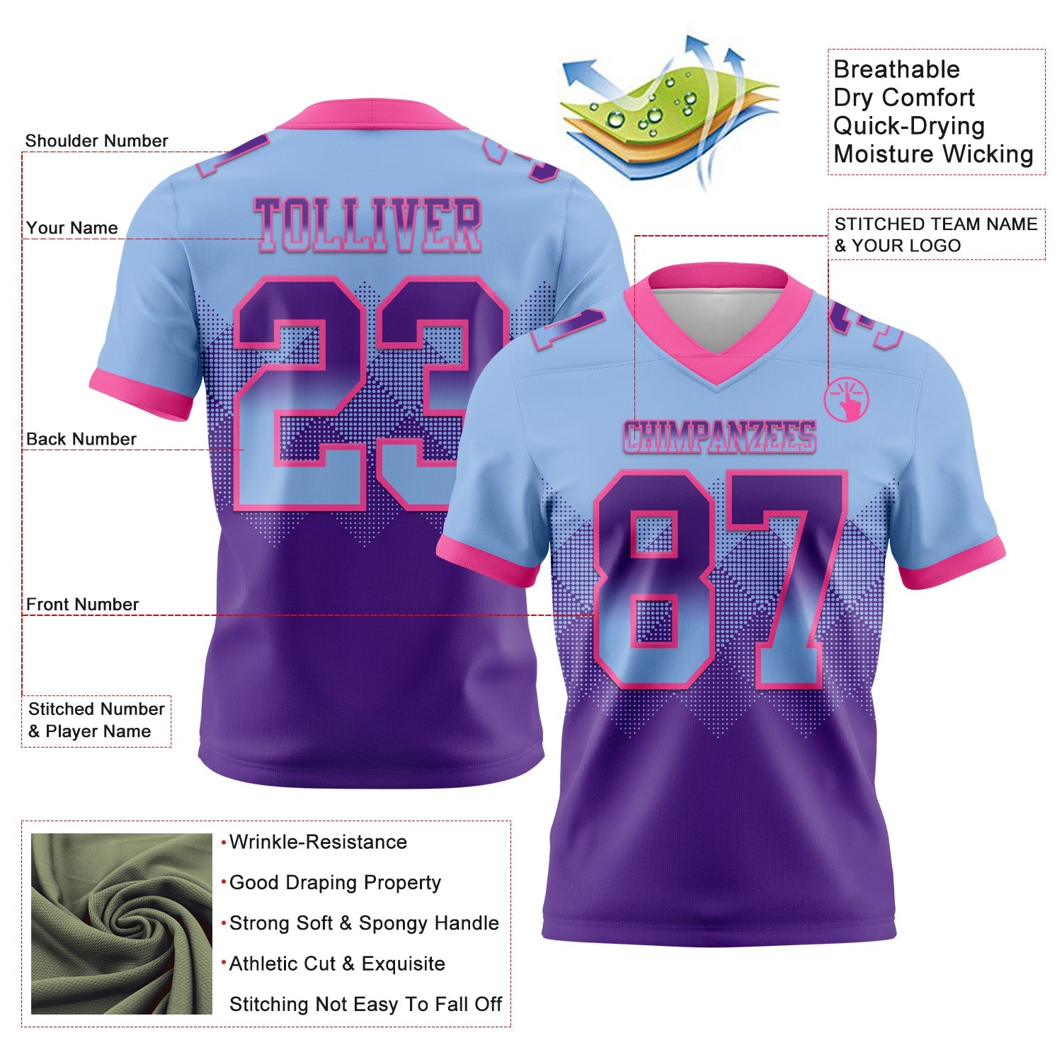 Custom Light Blue Purple-Pink Authentic Gradient Square Shape Flag Football Jersey