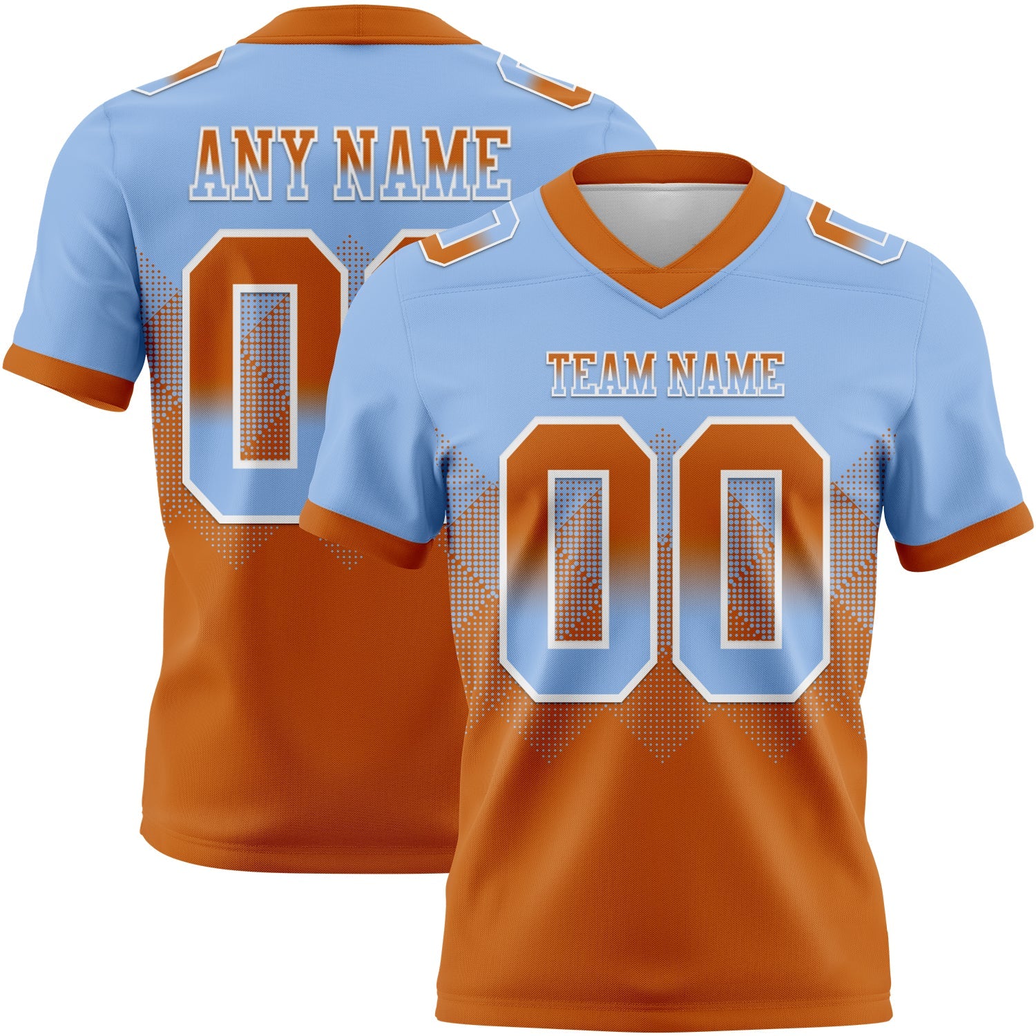 Custom Light Blue Texas Orange-White Authentic Gradient Square Shape Flag Football Jersey