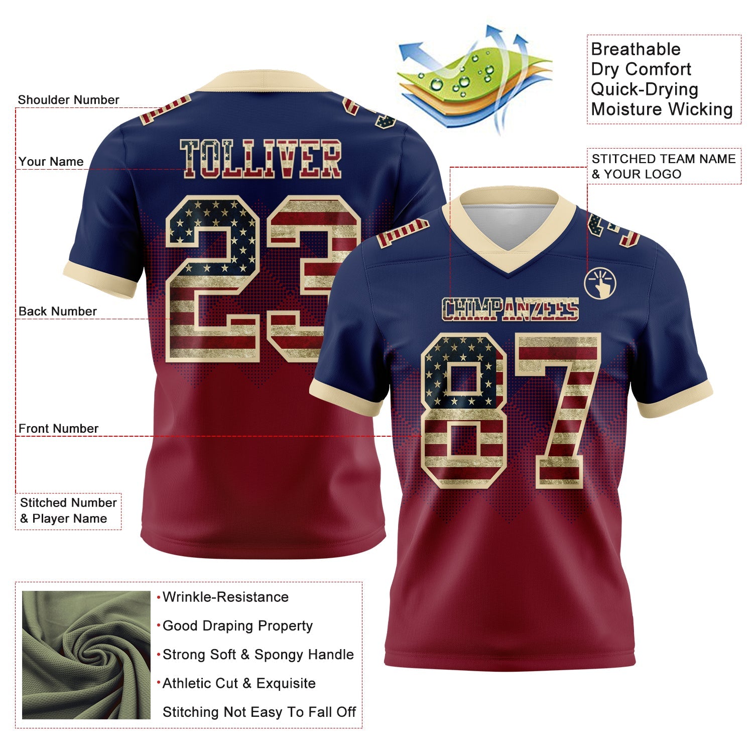 Custom Navy Vintage USA Flag Crimson-Cream Authentic Gradient Square Shape Flag Football Jersey