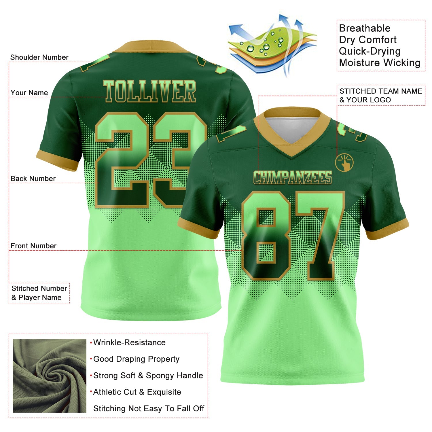 Custom Green Pea Green-Old Gold Authentic Gradient Square Shape Flag Football Jersey