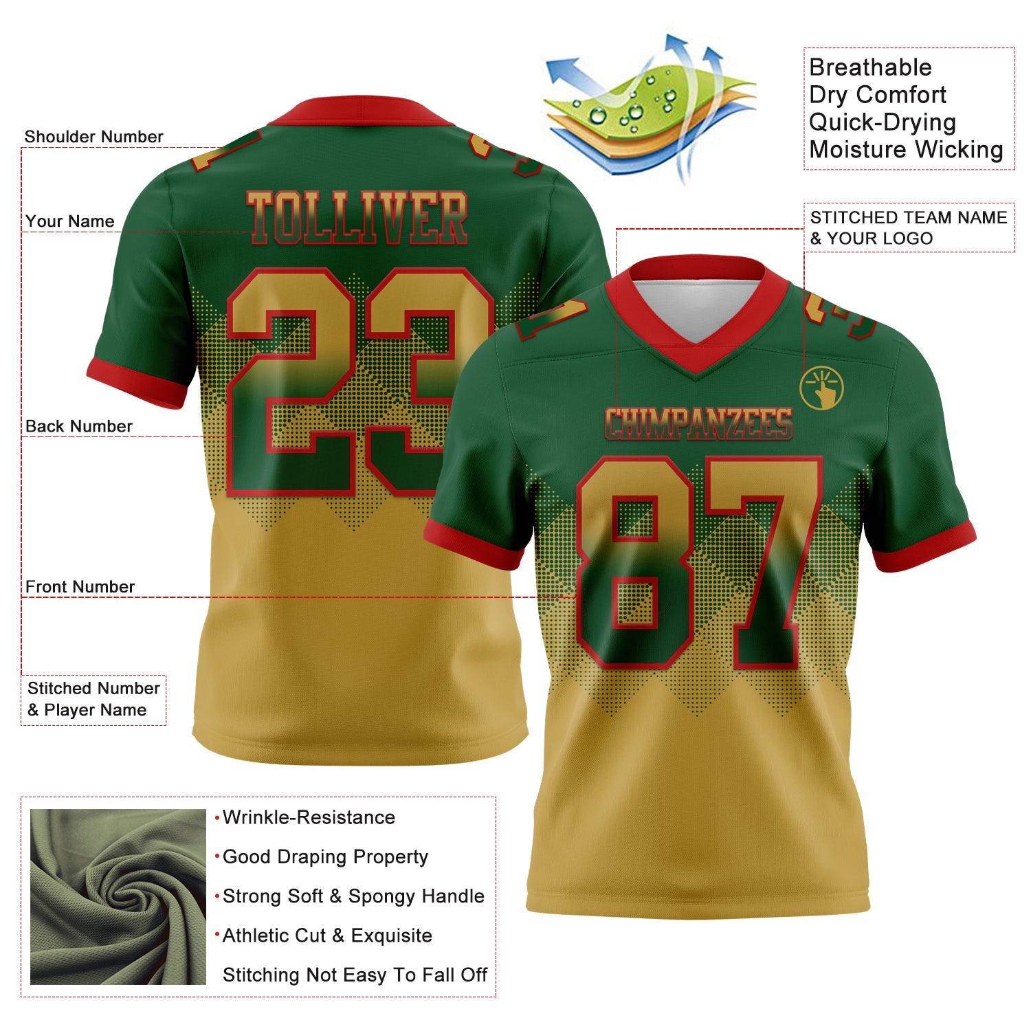 Custom Green Old Gold-Red Authentic Gradient Square Shape Flag Football Jersey