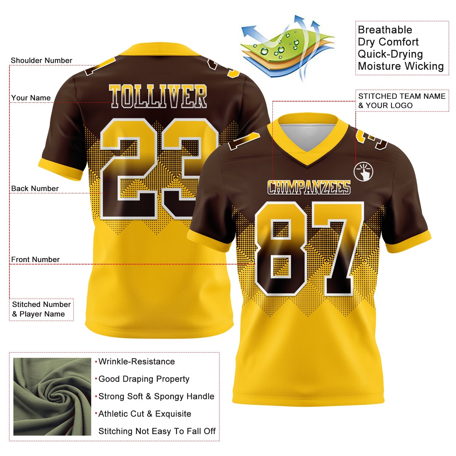 Custom Brown Yellow-White Authentic Gradient Square Shape Flag Football Jersey