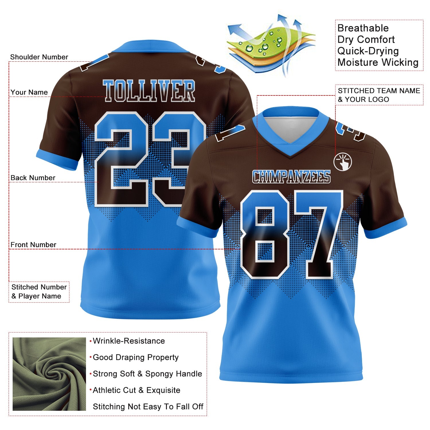 Custom Brown Powder Blue-White Authentic Gradient Square Shape Flag Football Jersey
