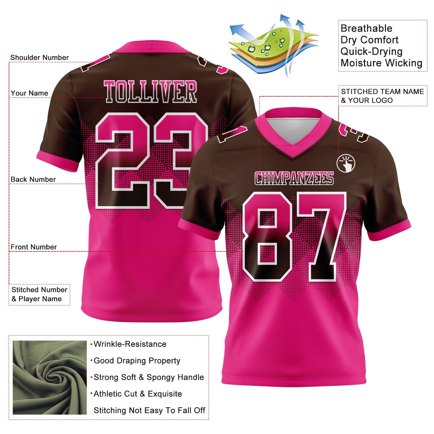 Custom Brown Hot Pink-White Authentic Gradient Square Shape Flag Football Jersey