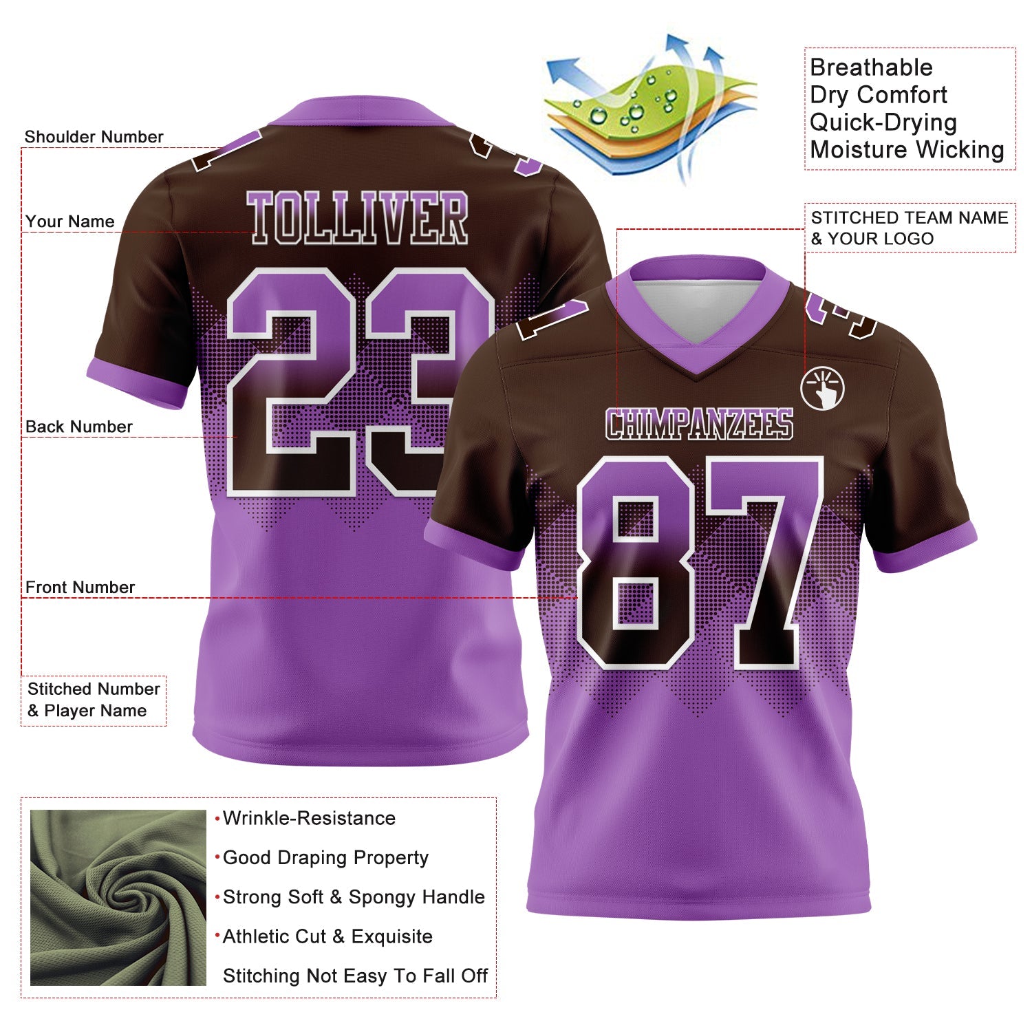Custom Brown Medium Purple-White Authentic Gradient Square Shape Flag Football Jersey