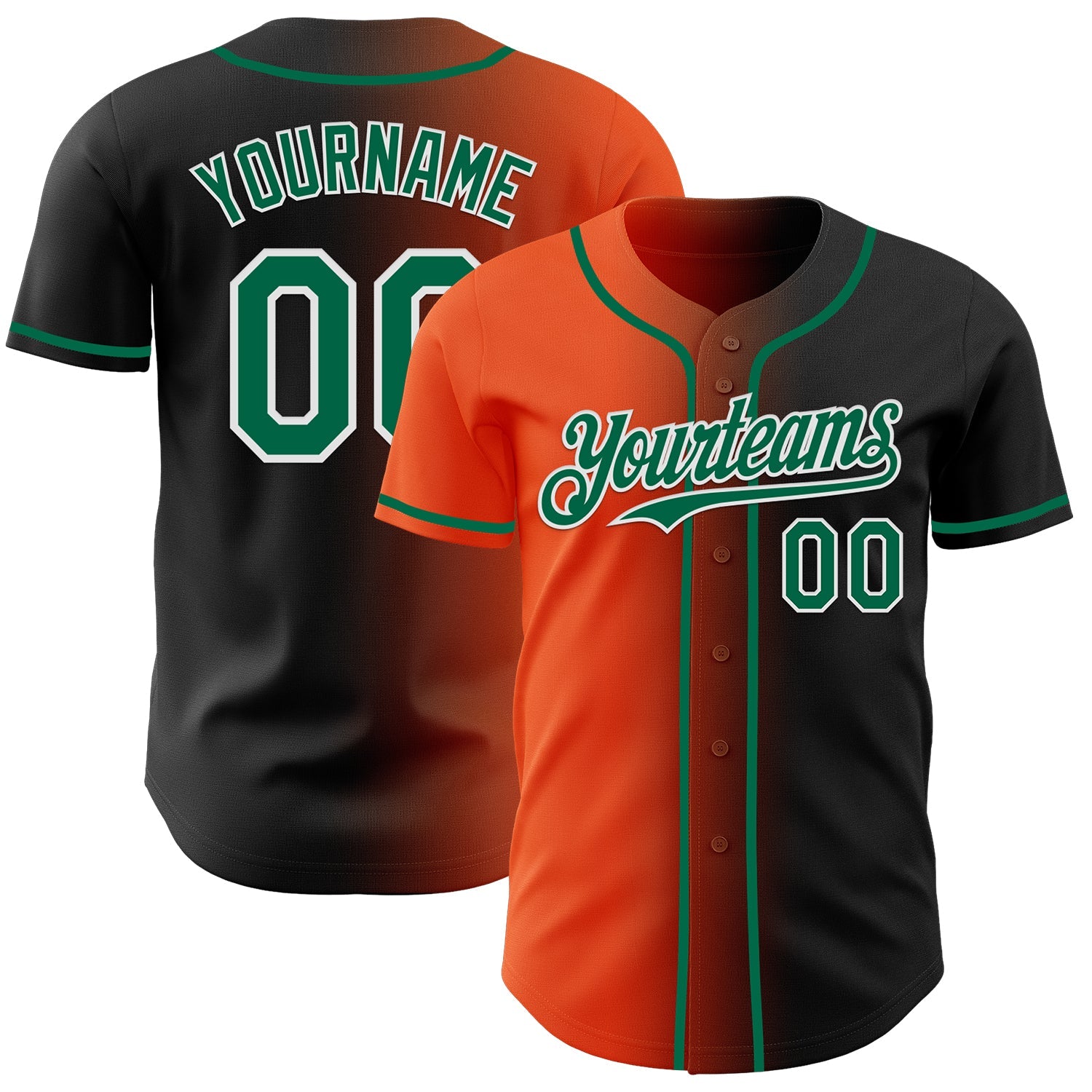 Custom Black Kelly Green Orange-White Authentic Gradient Fashion Baseball Jersey