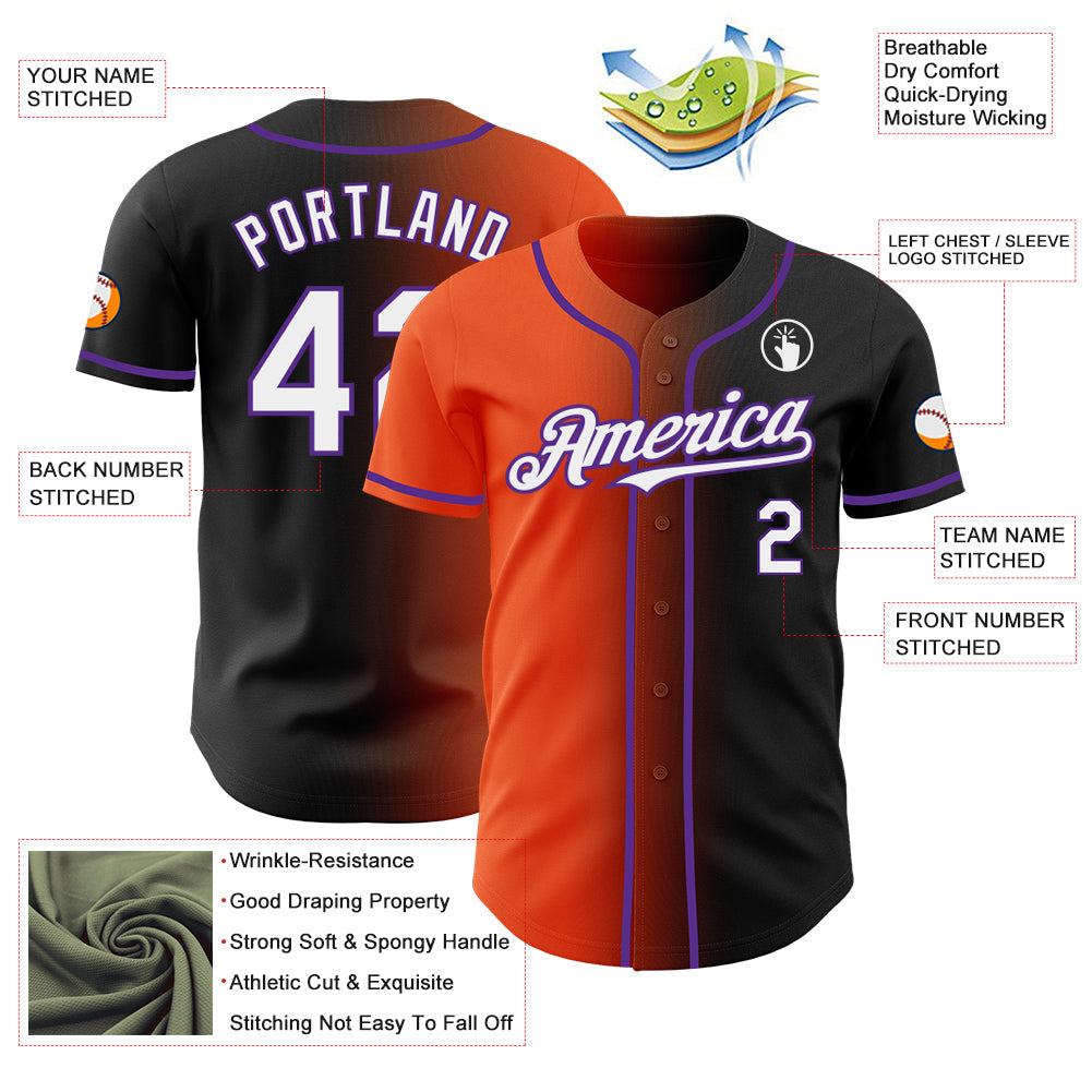 Custom Black White Orange-Purple Authentic Gradient Fashion Baseball Jersey