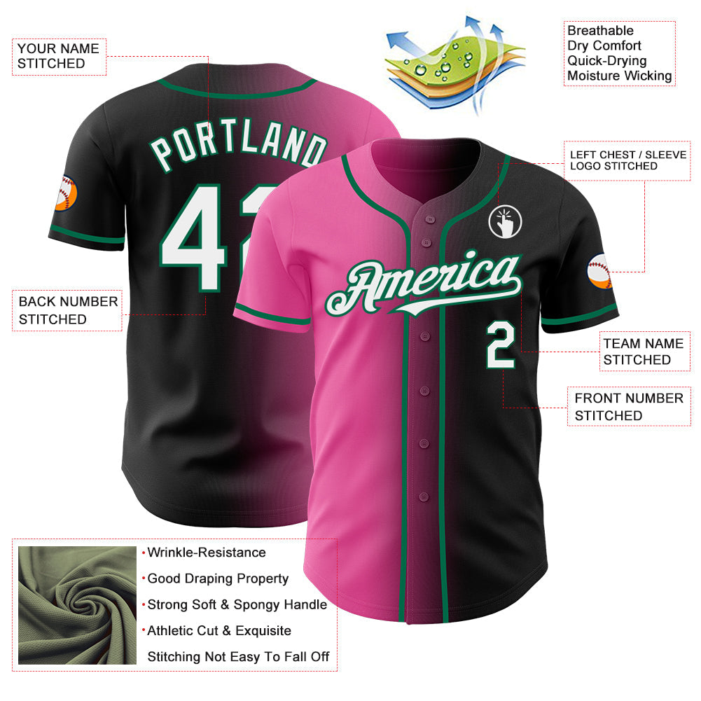 Custom Black White Pink-Kelly Green Authentic Gradient Fashion Baseball Jersey