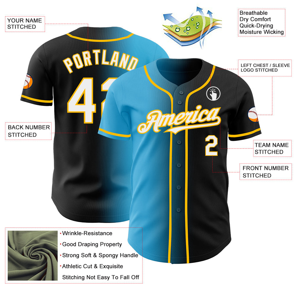 Custom Black White Sky Blue-Gold Authentic Gradient Fashion Baseball Jersey