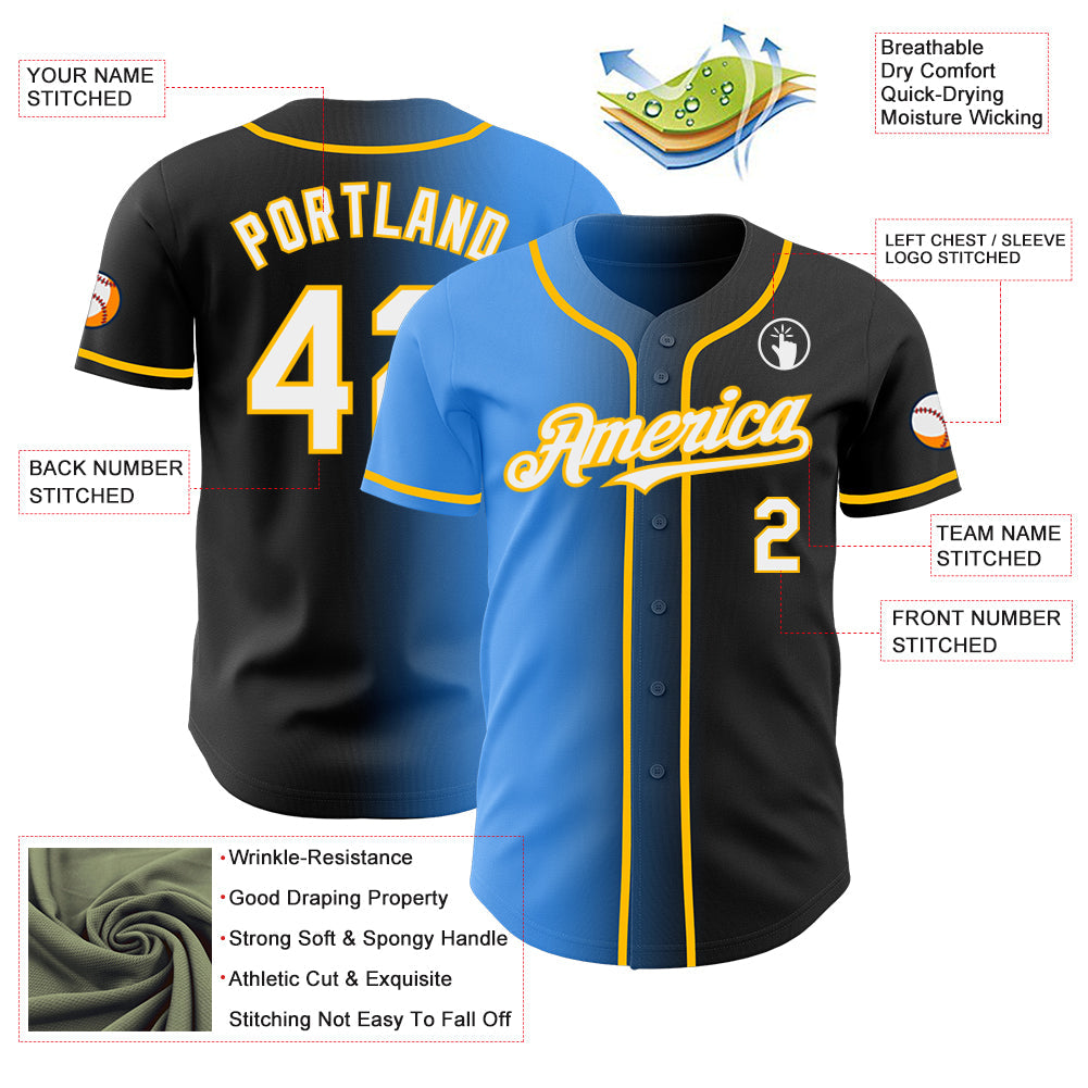 Custom Black White Electric Blue-Gold Authentic Gradient Fashion Baseball Jersey