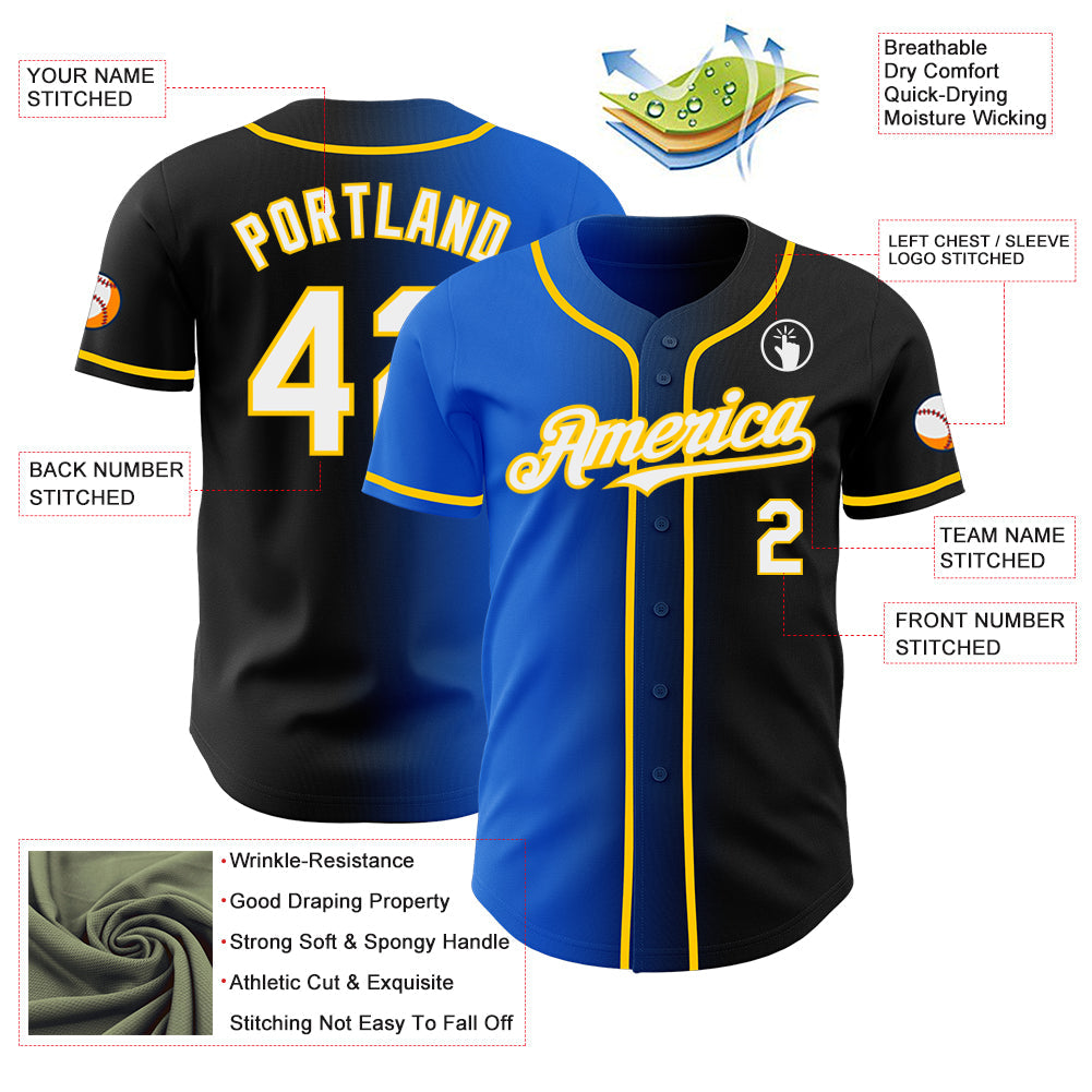 Custom Black White Thunder Blue-Yellow Authentic Gradient Fashion Baseball Jersey