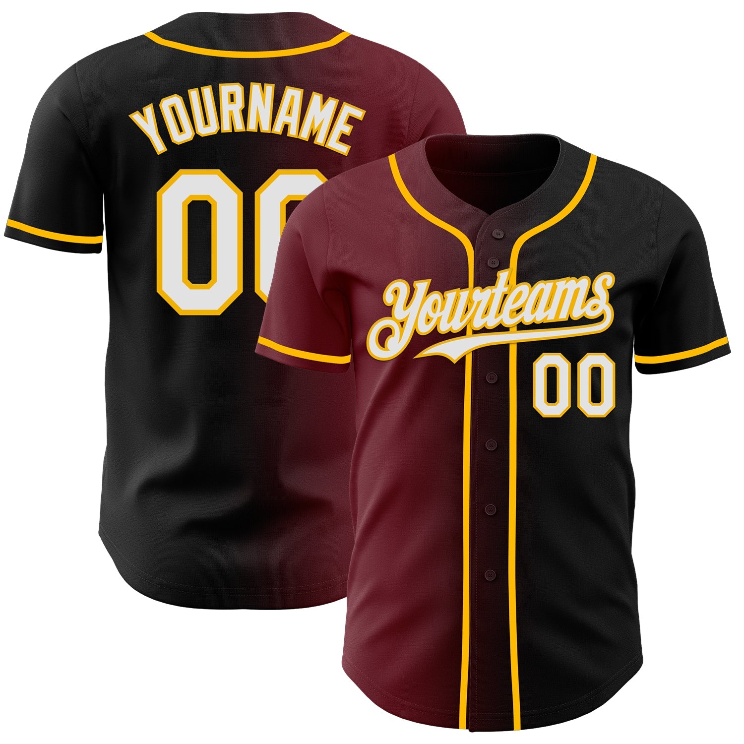 Custom Black White Burgundy-Gold Authentic Gradient Fashion Baseball Jersey