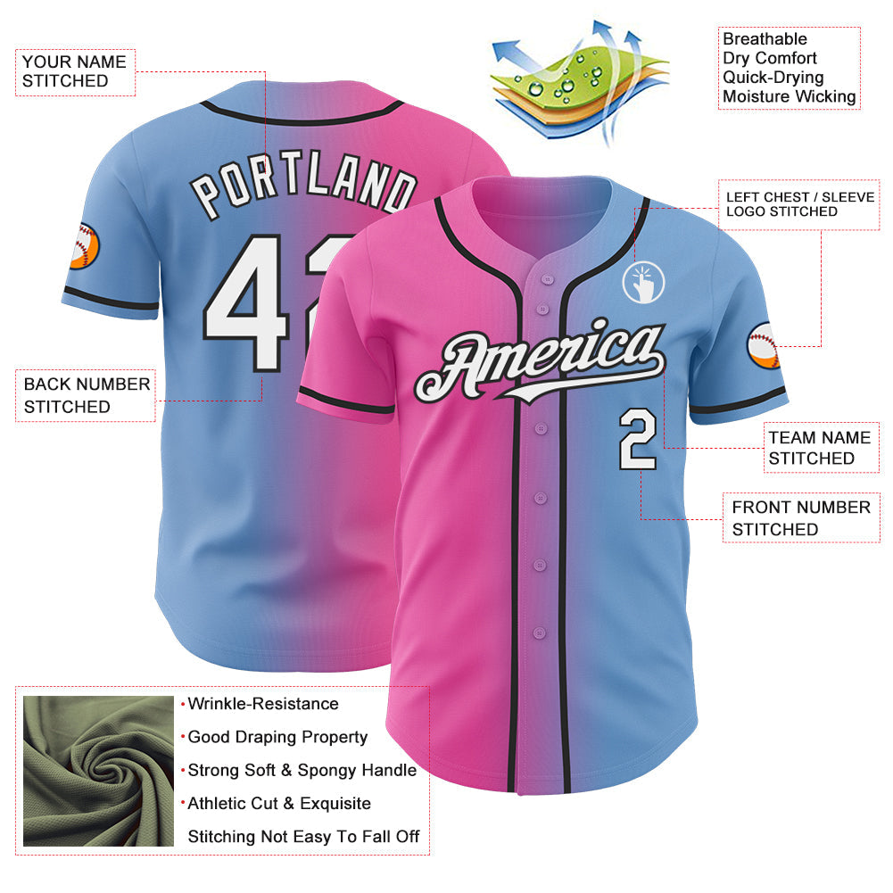 Custom Light Blue White Pink-Black Authentic Gradient Fashion Baseball Jersey