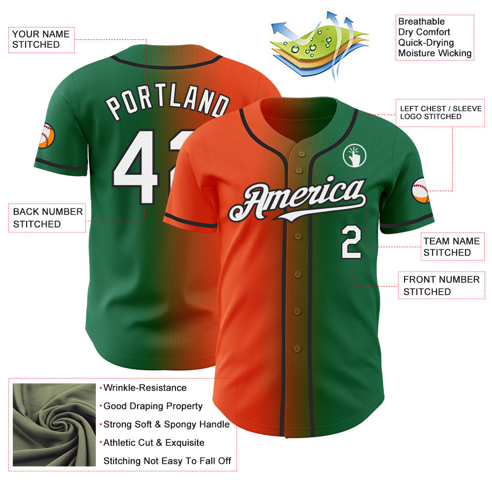 Custom Kelly Green White Orange-Black Authentic Gradient Fashion Baseball Jersey