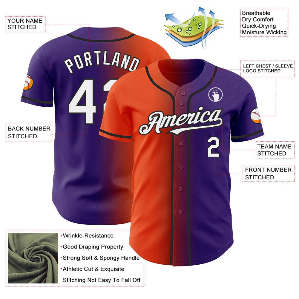 Custom Purple White Orange-Black Authentic Gradient Fashion Baseball Jersey
