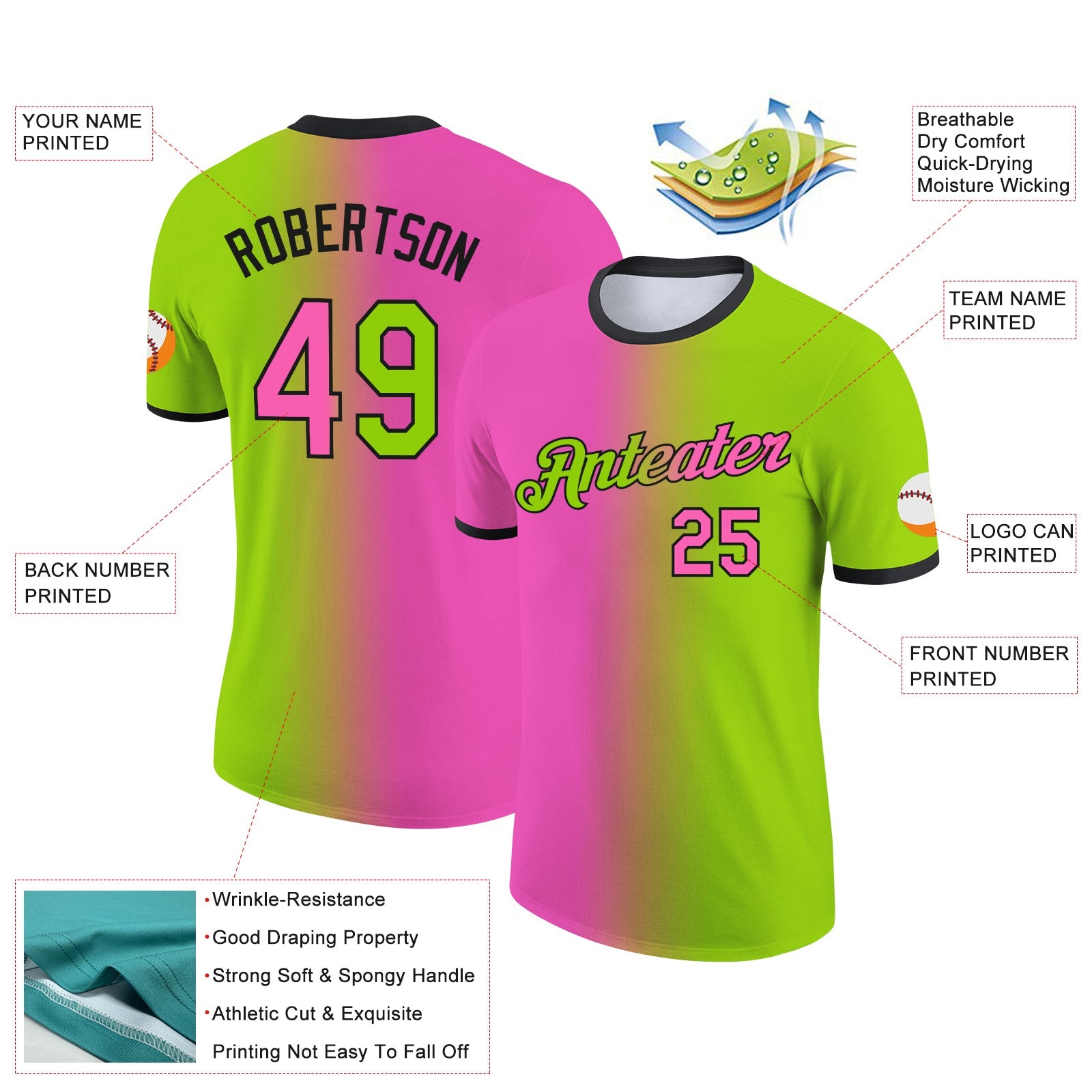 Custom Neon Green Pink-Black Gradient Fashion Performance T-Shirt