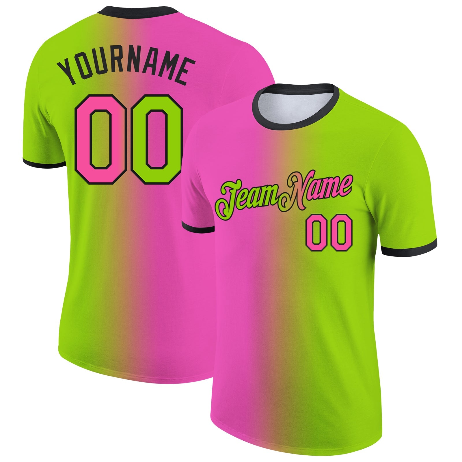 Custom Neon Green Pink-Black Gradient Fashion Performance T-Shirt