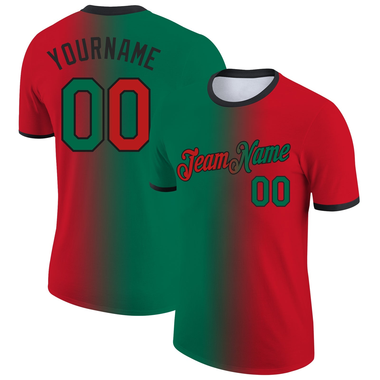 Custom Red Kelly Green-Black Gradient Fashion Performance T-Shirt