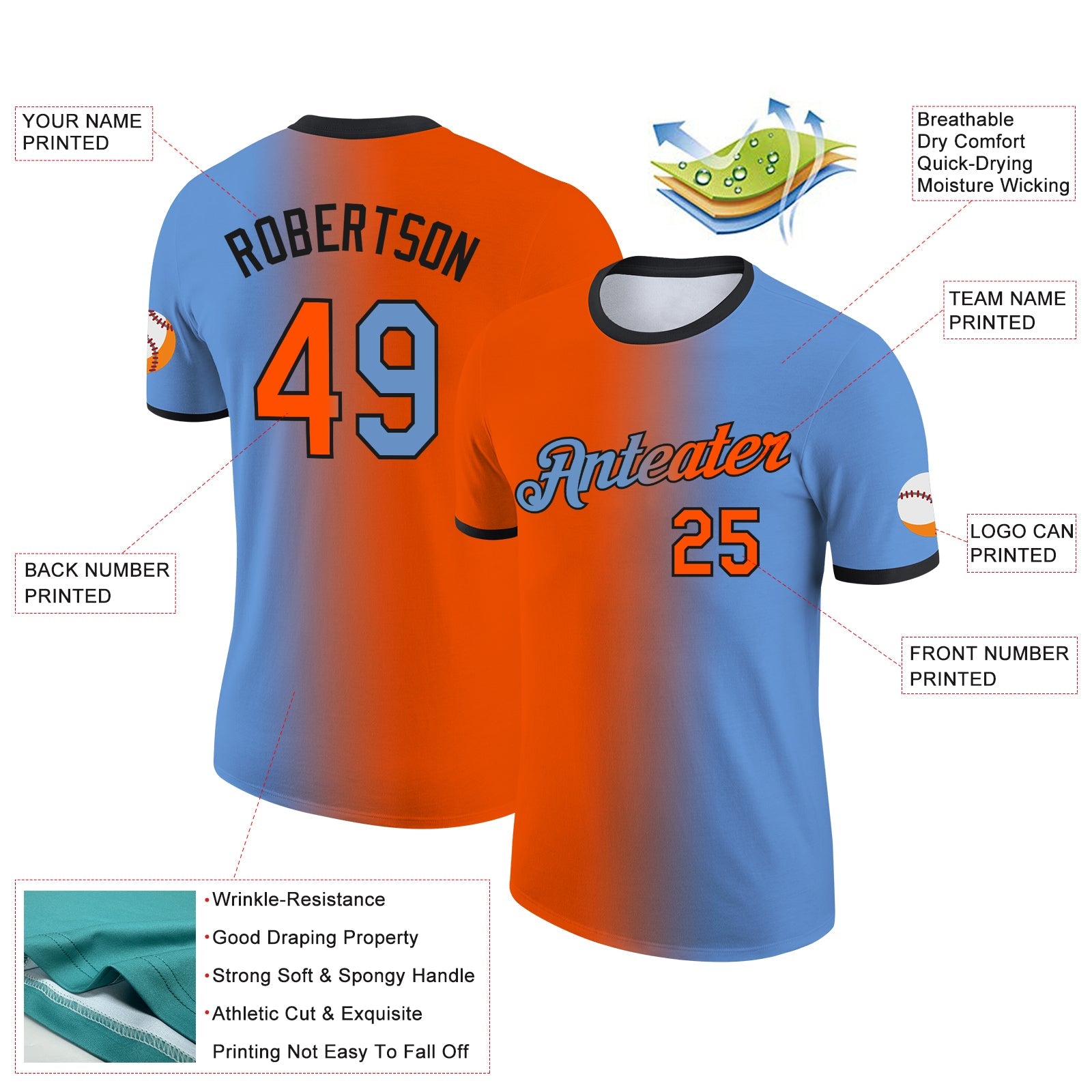 Custom Light Blue Orange-Black Gradient Fashion Performance T-Shirt