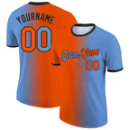 Custom Light Blue Orange-Black Gradient Fashion Performance T-Shirt