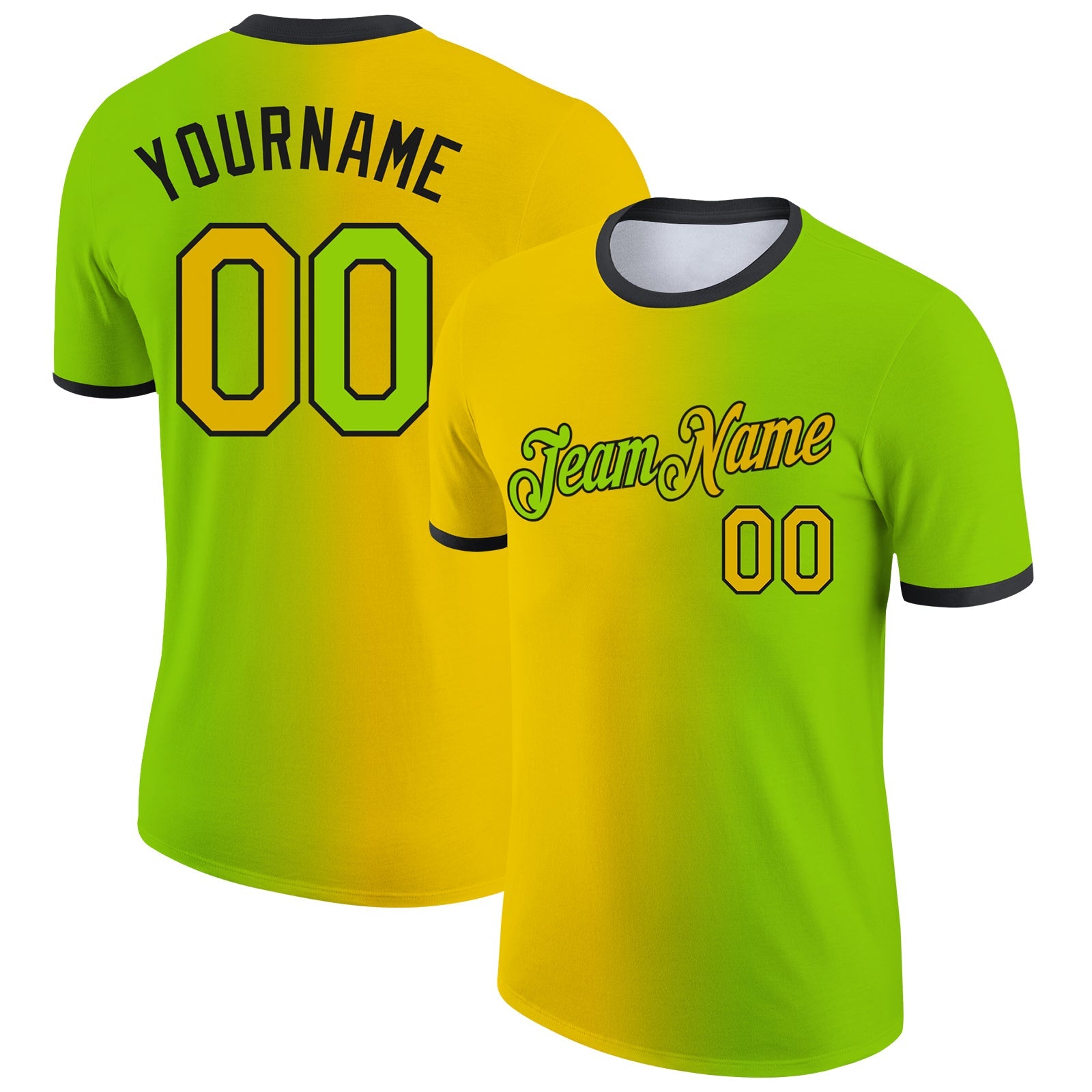 Custom Neon Green Yellow-Black Gradient Fashion Performance T-Shirt
