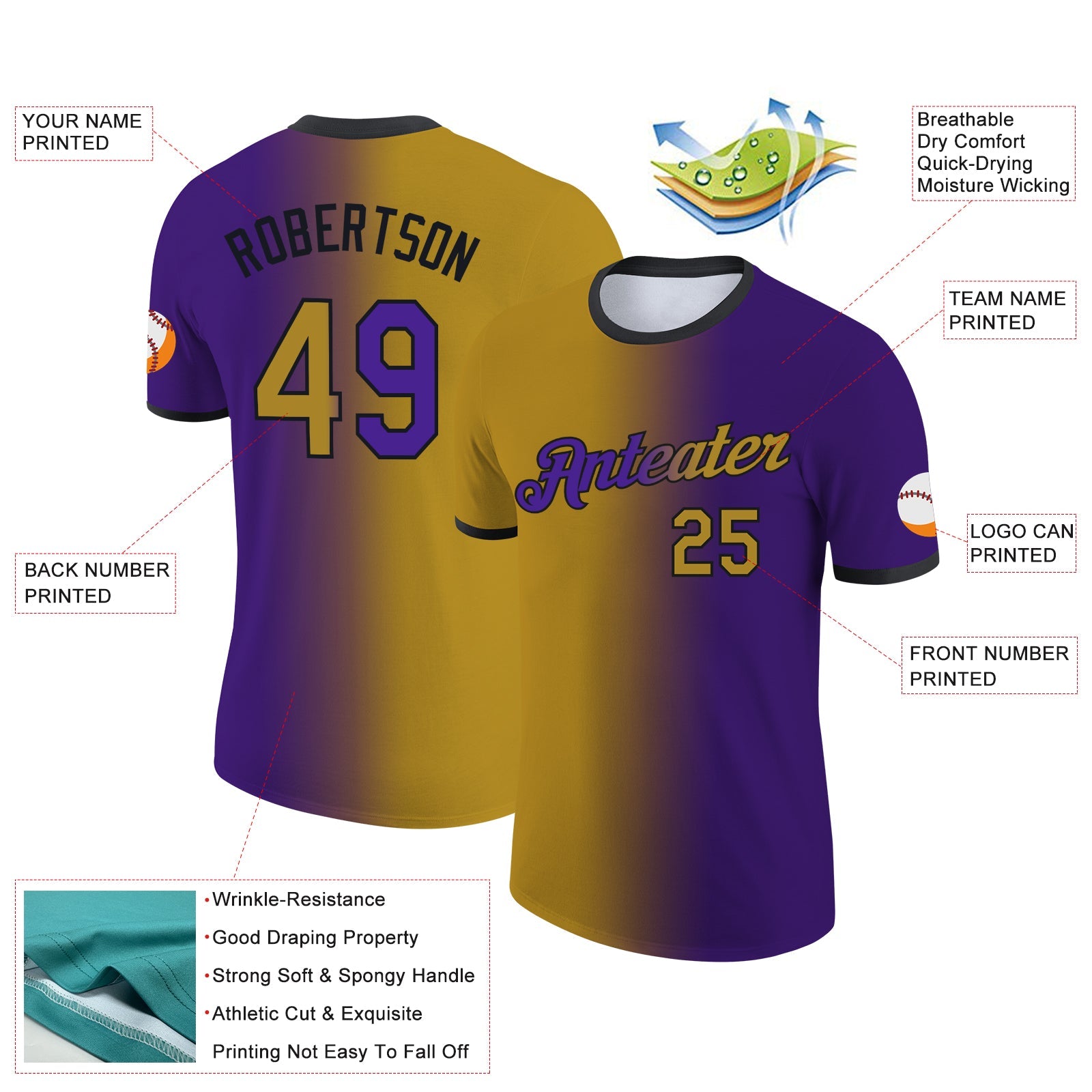 Custom Purple Old Gold-Black Gradient Fashion Performance T-Shirt