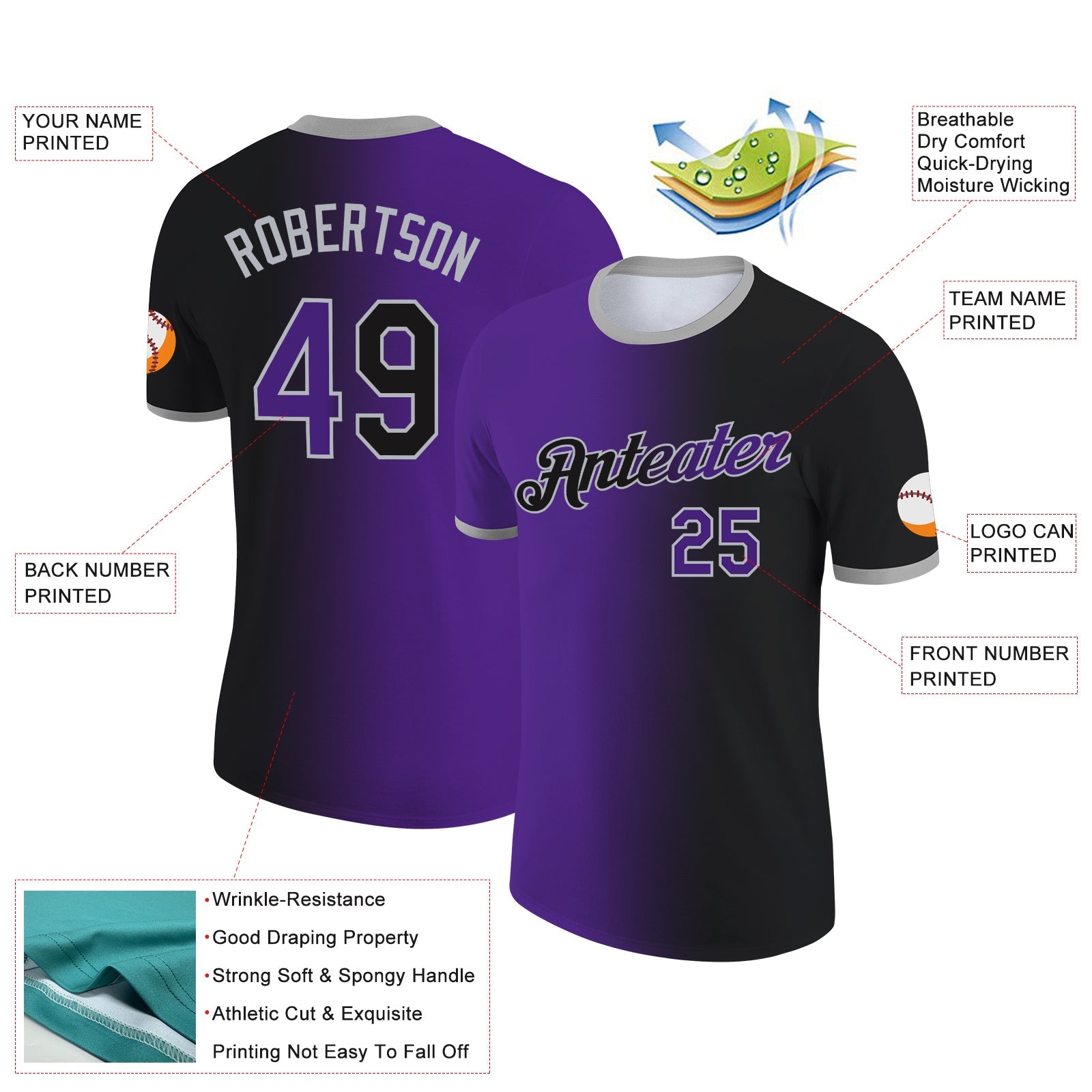 Custom Black Purple-Gray Gradient Fashion Performance T-Shirt