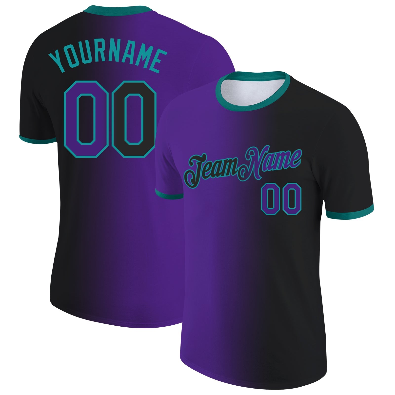 Custom Black Purple-Teal Gradient Fashion Performance T-Shirt