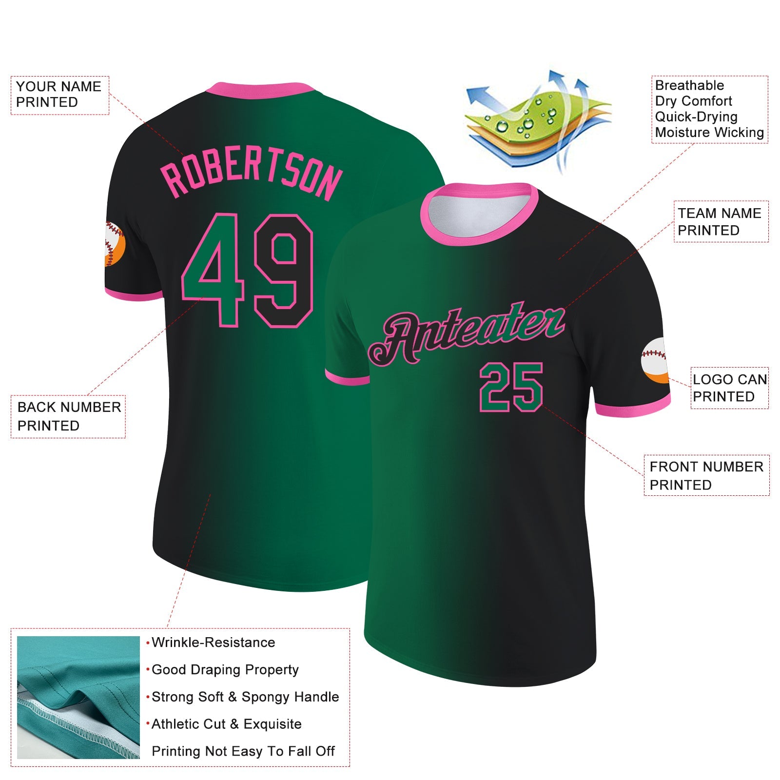 Custom Black Kelly Green-Pink Gradient Fashion Performance T-Shirt