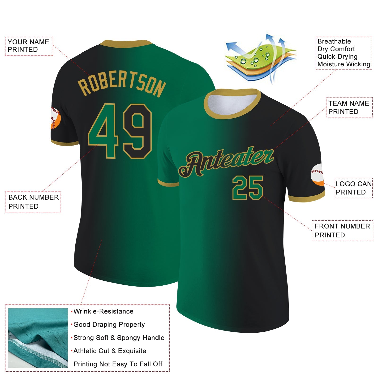 Custom Black Kelly Green-Old Gold Gradient Fashion Performance T-Shirt